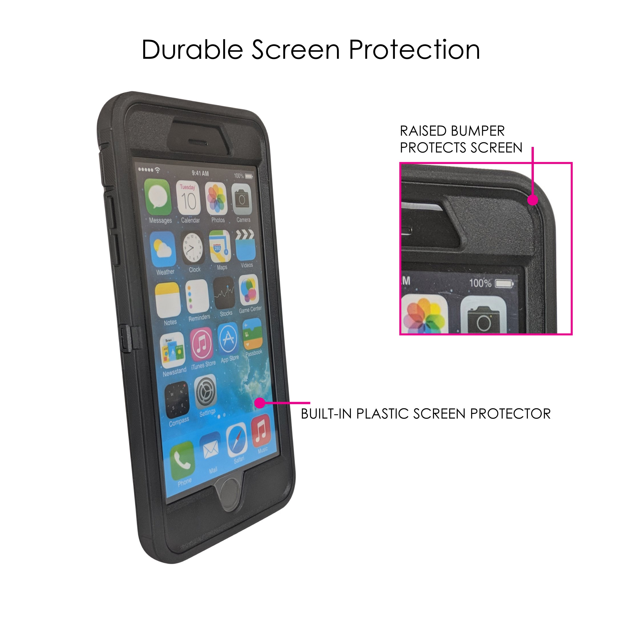 DistinctInk iPhone 7 Plus / 8 Plus Case (5.5 Inch) - Durable Protective Cover Replacement for OtterBox Defender - Black Custom Design with Orange & White 