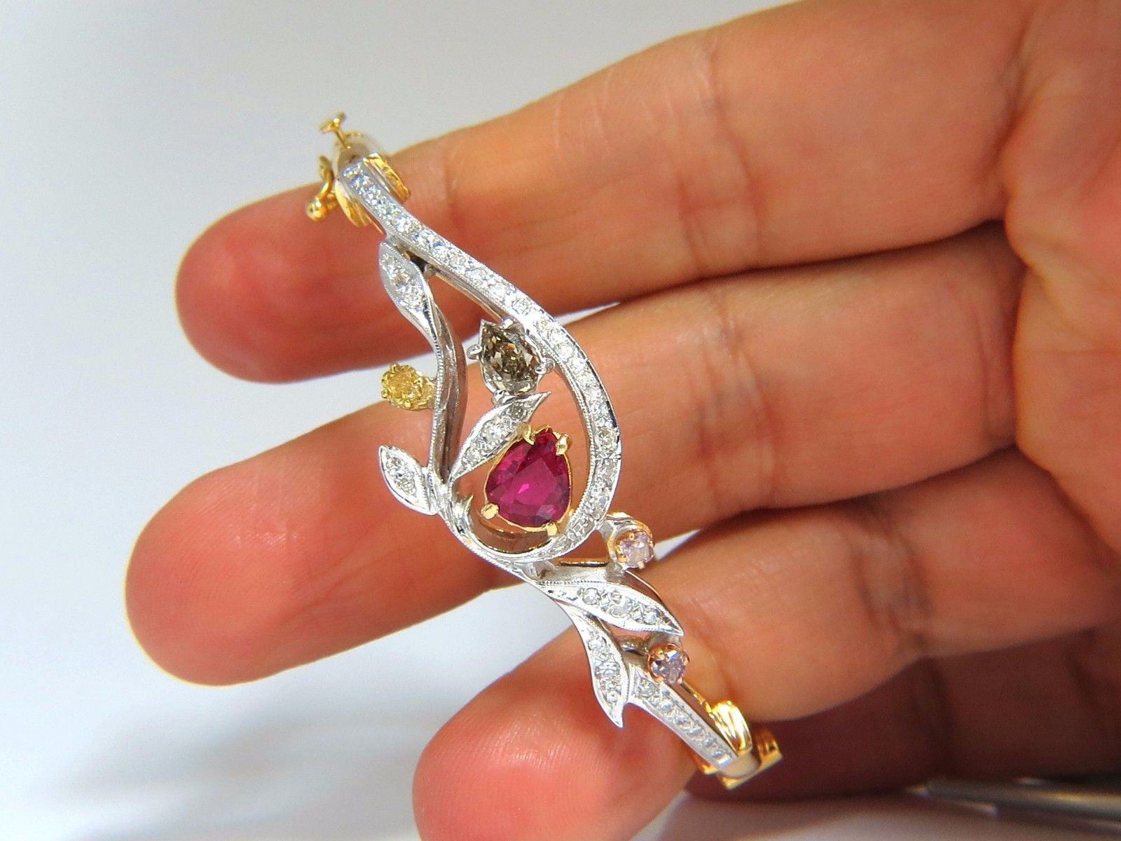GIA Certified Natural Ruby & Fancy Color Diamond Bangle Bracelet - No Heat Treatment | Elegant Jewelry for Weddings, Anniversaries & Special Occasions