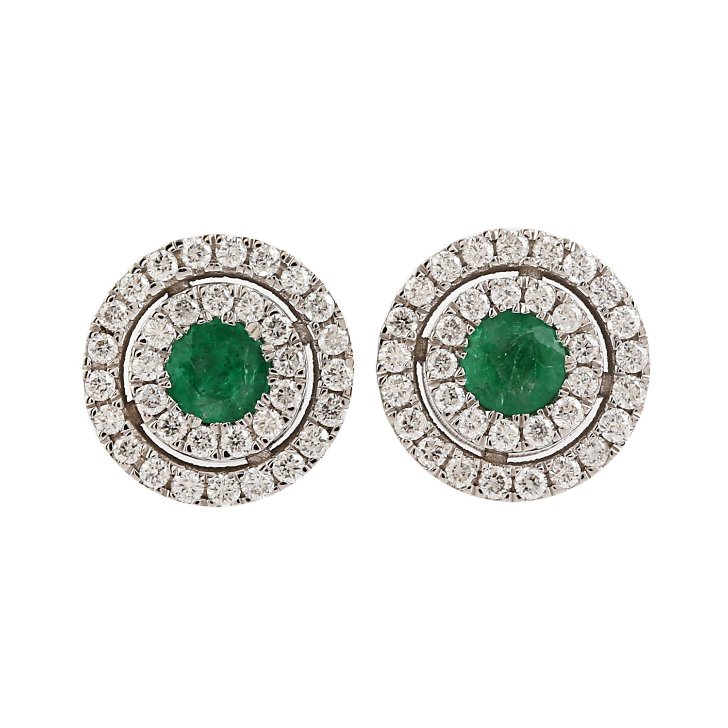 18K White Gold Emerald Pave Diamond Double Halo Stud Earrings - Elegant Jewelry for Weddings, Parties & Special Occasions