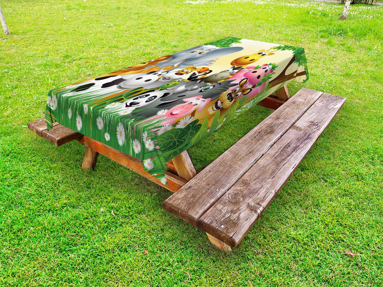 Ambesonne Animal Print Outdoor Tablecloth - Jungle Elephant Giraffe Panda Bear Lion Hippo Cartoon Design, Waterproof Washable Picnic Table Cover 58x84 Inches, Multicolor - Perfect for Outdoor Dining, BBQs, Garden Parties & Picnics