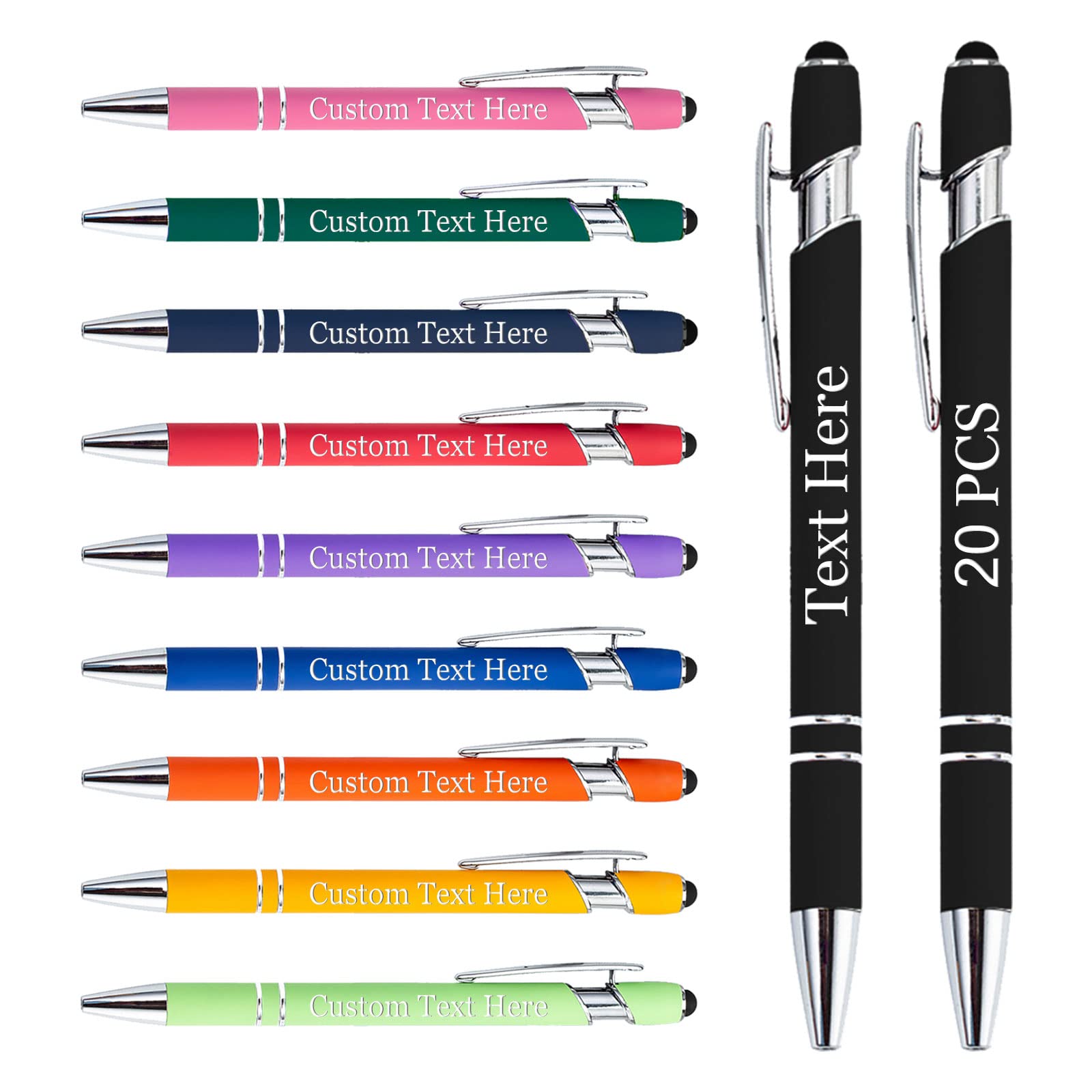 20 Pack Personalized Engraved Ballpoint Pens with Stylus Tip - Custom Name/Text Message - Bulk Business Promotional Pens for Office, Wedding, Birthday Party Gifts - Perfect for Corporate Events, School Supplies & Everyday Writing