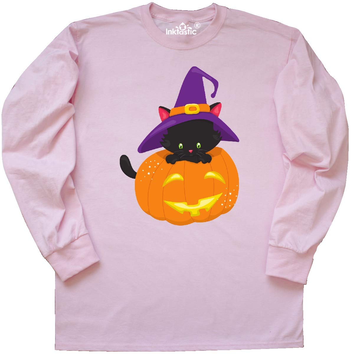 Halloween Black Cat with Witch Hat & Pumpkin Design Long Sleeve T-Shirt | Cute Fall Graphic Tee for Women & Men | Perfect for Halloween Parties, Trick or Treating & Autumn Outfits