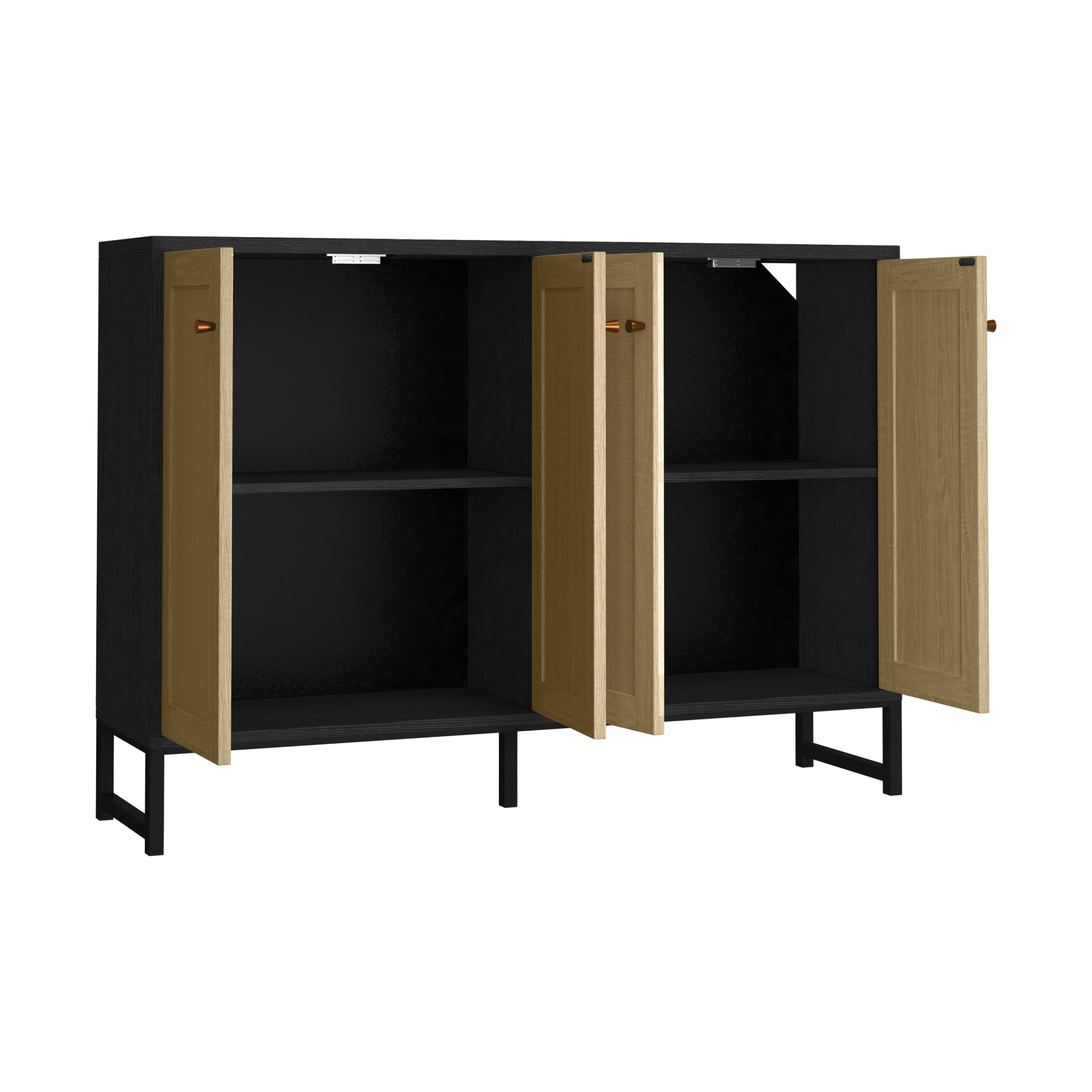 Panana 4-Door Sideboard Accent Cabinet with Rattan Decor - Freestanding Kitchen Buffet Storage for Dining Room & Living Room | Black Modern Cupboard for Home Organization & Display