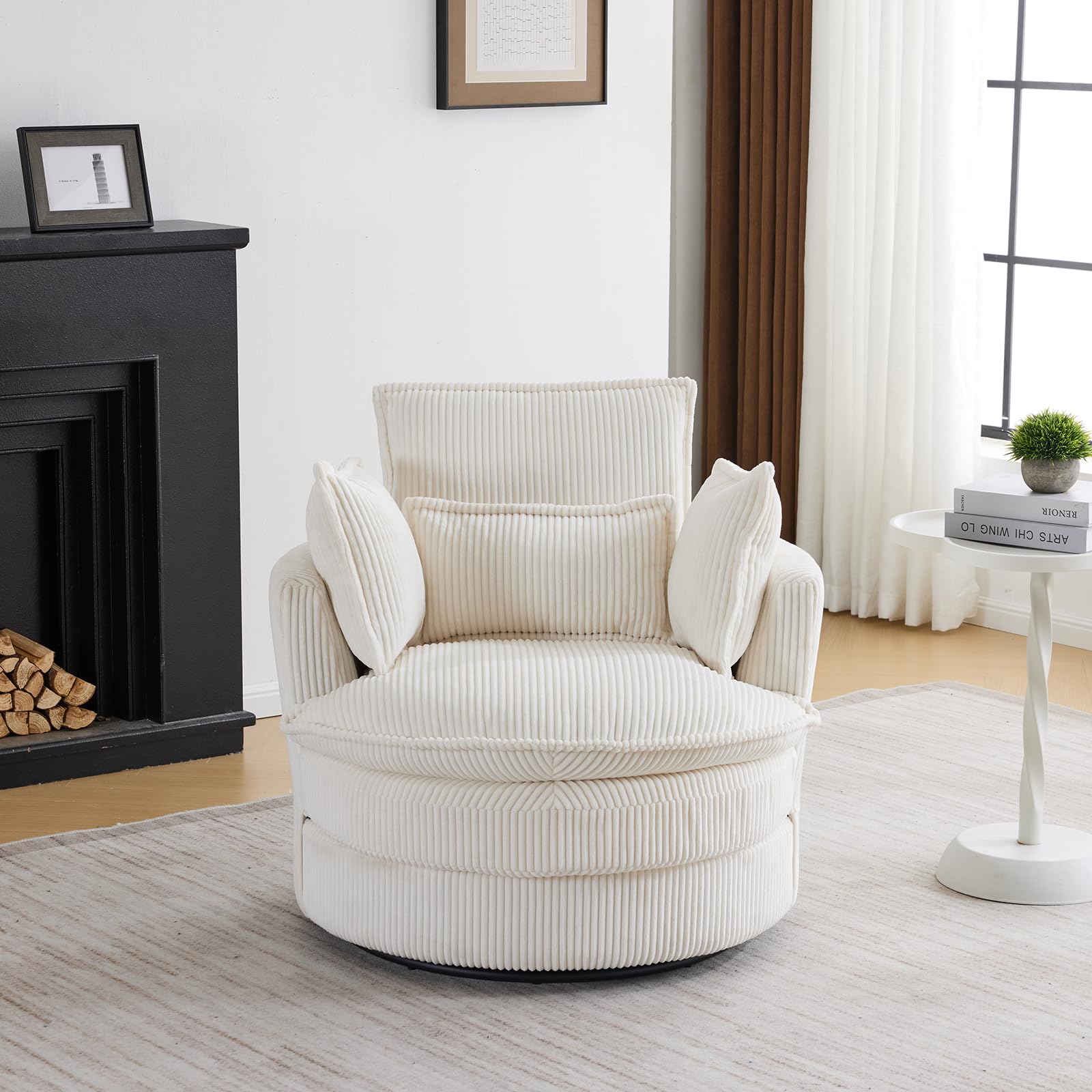 Karl Home 360-Degree Swivel Barrel Chair - Modern Corduroy Lounge Armchair with 3 Pillows, Comfortable Round Accent Single Sofa for Living Room, Bedroom, Lounge, Hotel - Beige | Perfect for Small Spaces, Reading Nooks & Cozy Home Decor