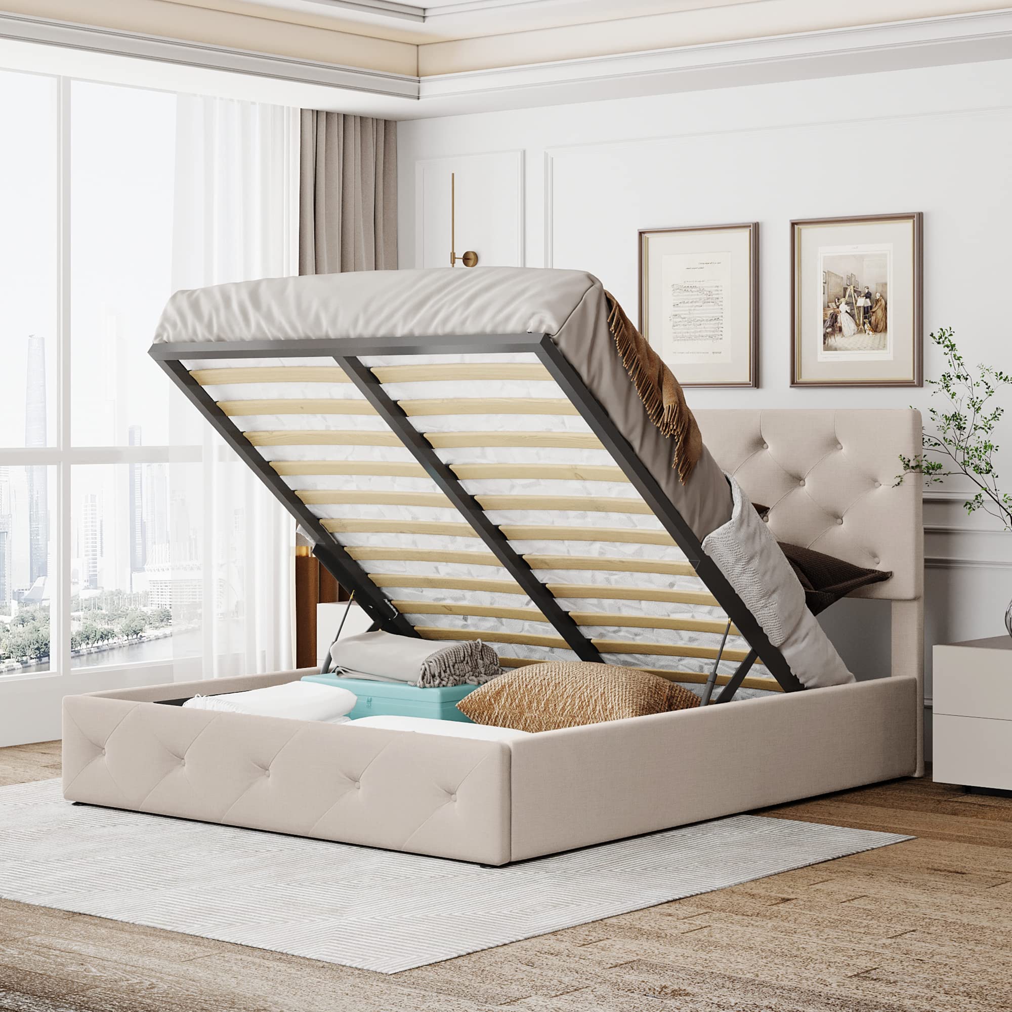 Harper & Bright Designs Queen Size Upholstered Platform Bed with Lift-Up Storage & Tufted Headboard - Wooden Bed Frame with Underbed Storage for Teens & Adults (Beige) - Perfect for Small Bedrooms, Guest Rooms & Dormitories