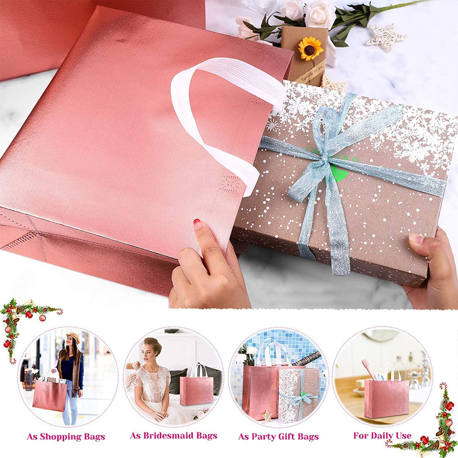 5-Pack Glossy Reusable Shopping Totes with Handles - Eco-Friendly Grocery Bags for Women, Bridesmaid Gifts, Bachelorette Parties, Weddings, Birthdays, Mother's Day & Christmas - Rose Gold Non-Woven Gift Bags for Everyday Use, Grocery Shopping & Special Occasions