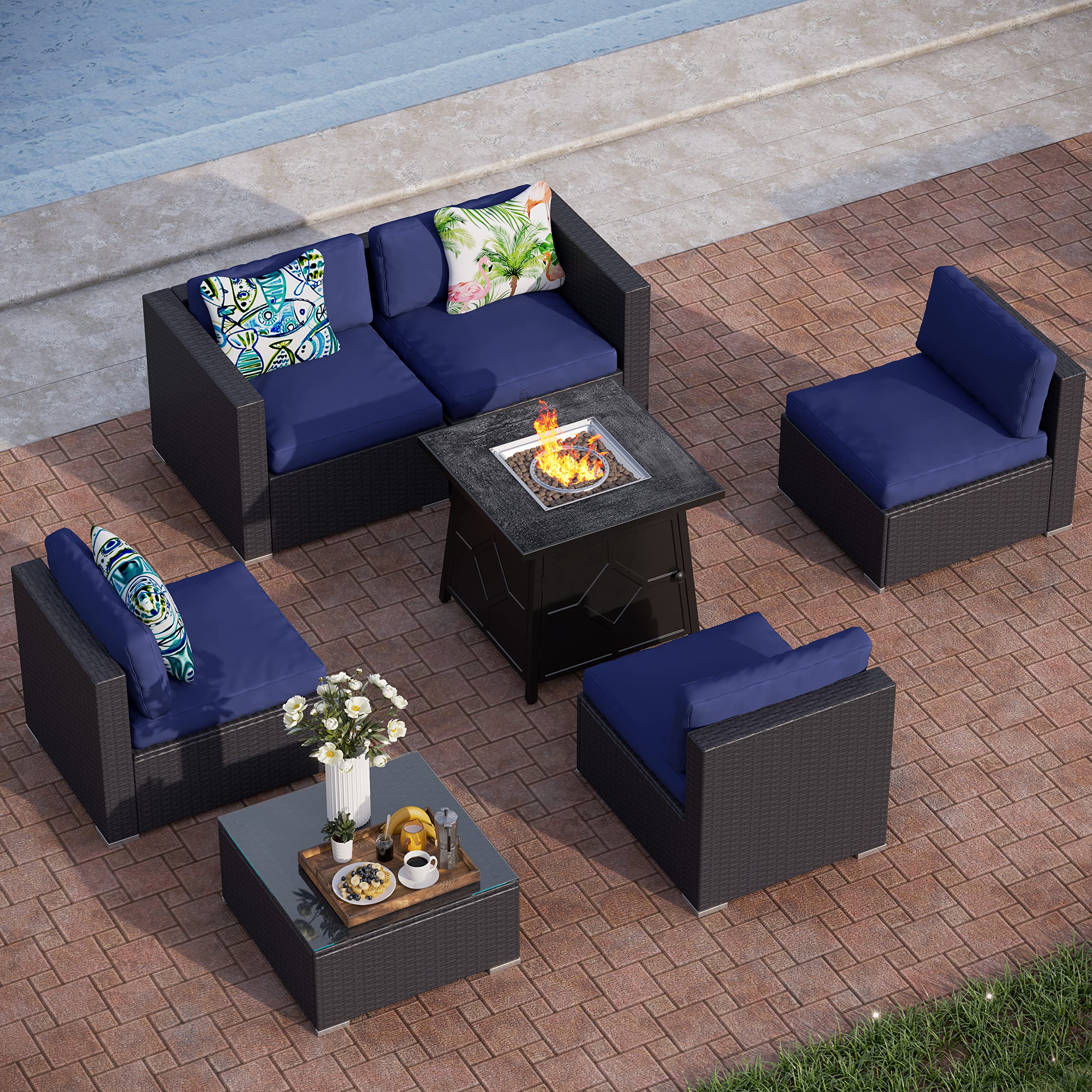 PHI VILLA 7-Piece Outdoor Patio Furniture Set with CSA Approved Gas Fire Pit - Navy Blue Wicker Sectional Sofa, Coffee Table & Stone-Like Tabletop for Backyard, Garden or Poolside Relaxation