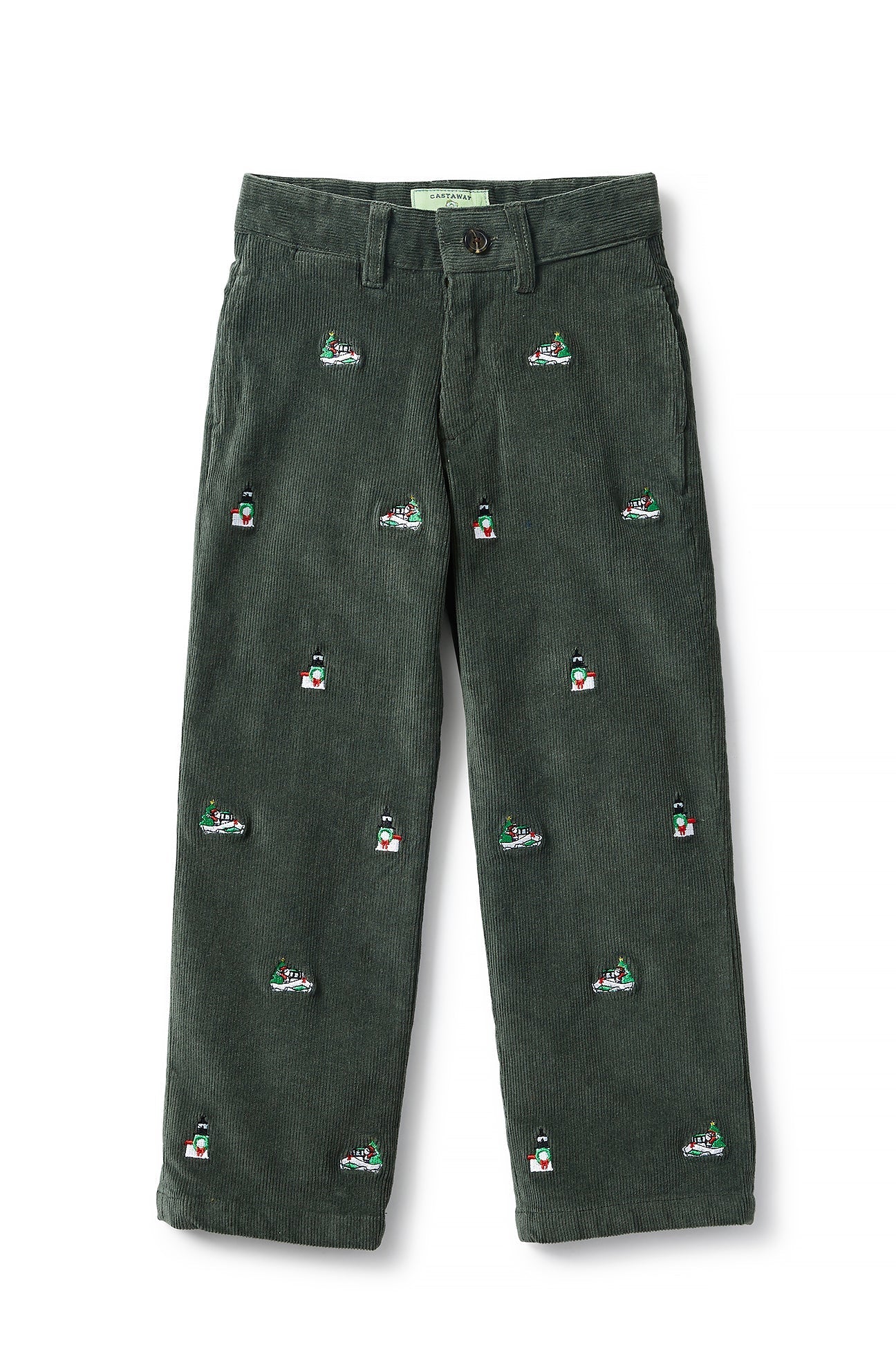 Boys Corduroy Pants for Kids - Olive Green Casual Beachcomber Style with Santa Boat Print - Perfect for Holidays, Outdoor Play & Family Gatherings