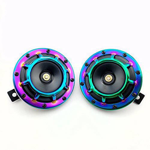 Universal Halo Horn Grille Mount Twin SuperTone Electric Car Horn - 12V Loud Vehicle Air Horn (Neochrome, Pack of 2) for Trucks, SUVs, Motorcycles - Perfect for Off-Roading & Safety Upgrades