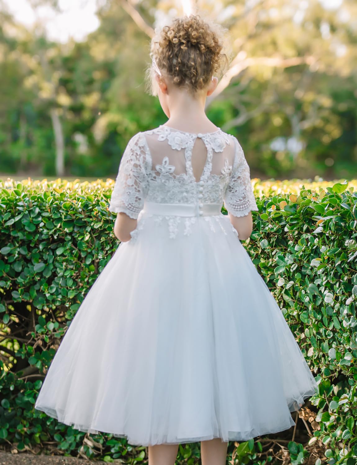 PLUVIOPHILY Champagne Tulle Flower Girl Dress - Ivory Lace Short Sleeves Christening Communion Gown for Weddings & Special Occasions