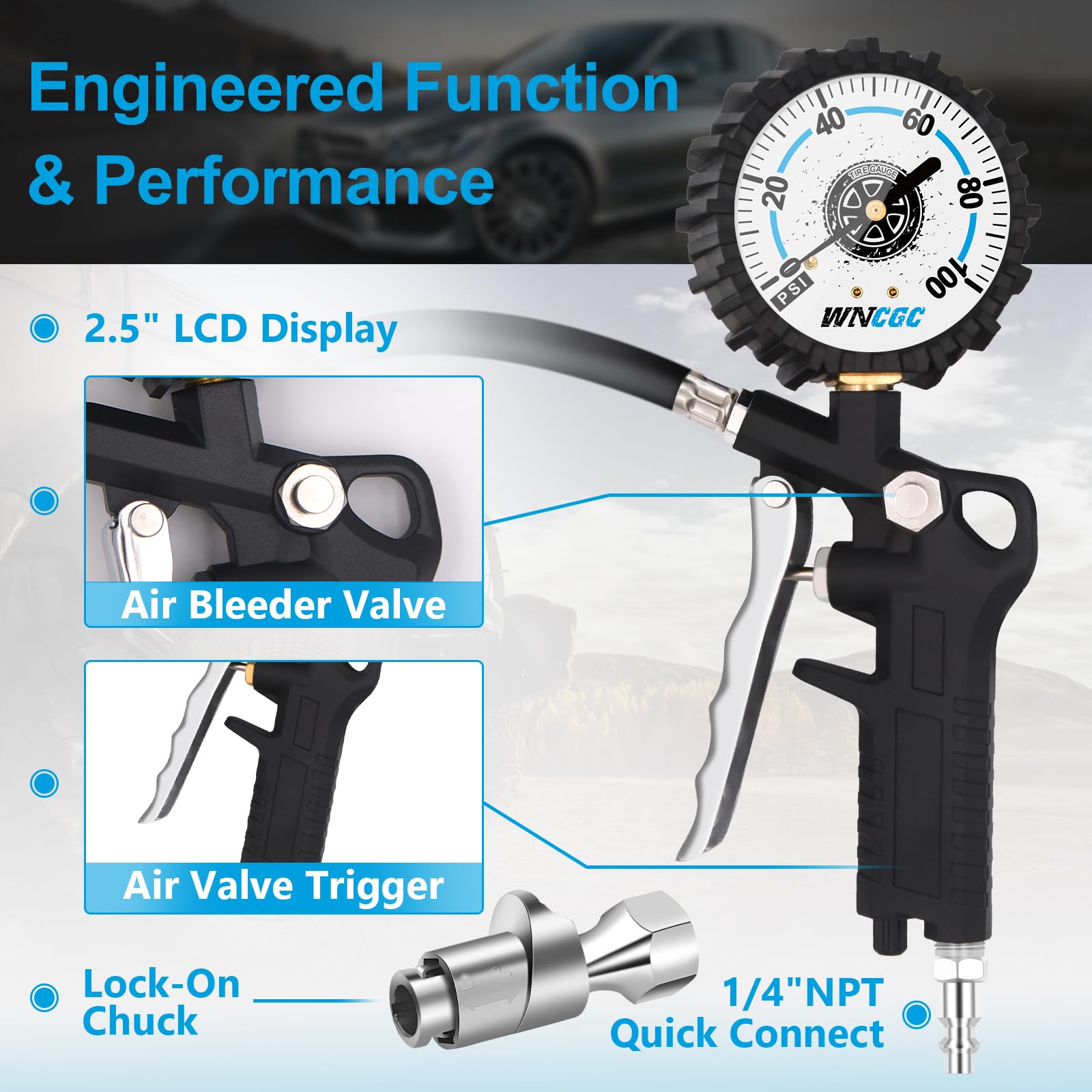 100PSI Tire Pressure Gauge with Locking Air Chuck - 2.5