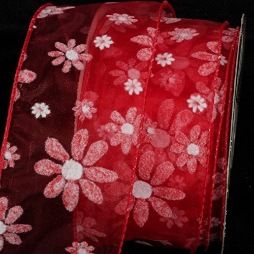 Sheer Red Wired Craft Ribbon with Felt Flowers - 2.5 Inch x 40 Yards for Gift Wrapping, DIY Decorations, Wedding Bouquets & Floral Arrangements