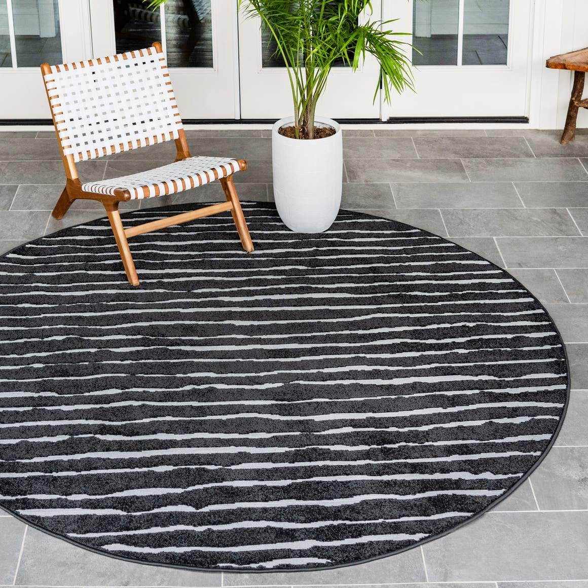 Unique Loom Sabrina Soto Outdoor Collection Geometric Modern Vibrant Striped Carved Area Rug 8x8 ft Black Ivory - Perfect for Patio, Deck, Sunroom & Outdoor Living Spaces