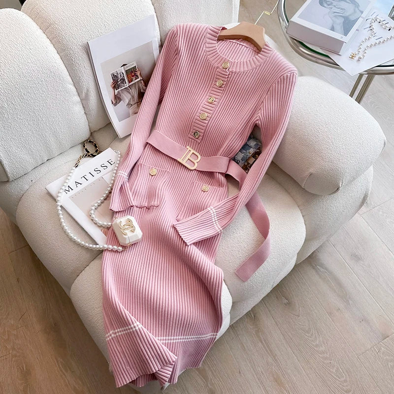 Women's Autumn Winter Knitted Sweater Dress - O Neck Button Down Bodycon with Belt | Fashion Brand Office Wear for Ladies | Perfect for Work, Parties & Holiday Outfits
