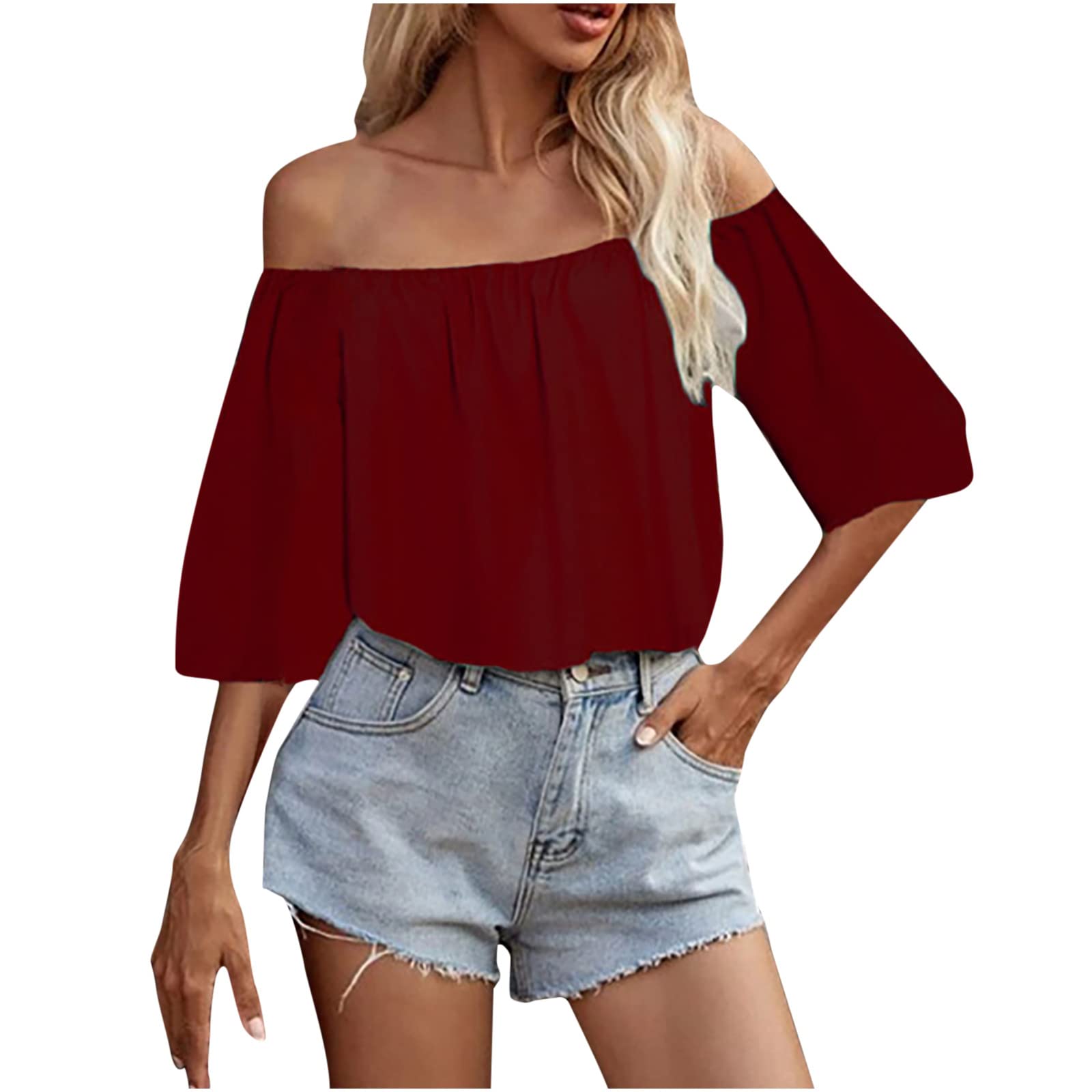 Women's 3/4 Sleeve Off Shoulder Tops - Summer Elegant Casual Loose Blouses, Solid Color Trendy Tube T-Shirts for Beach, Party & Everyday Wear