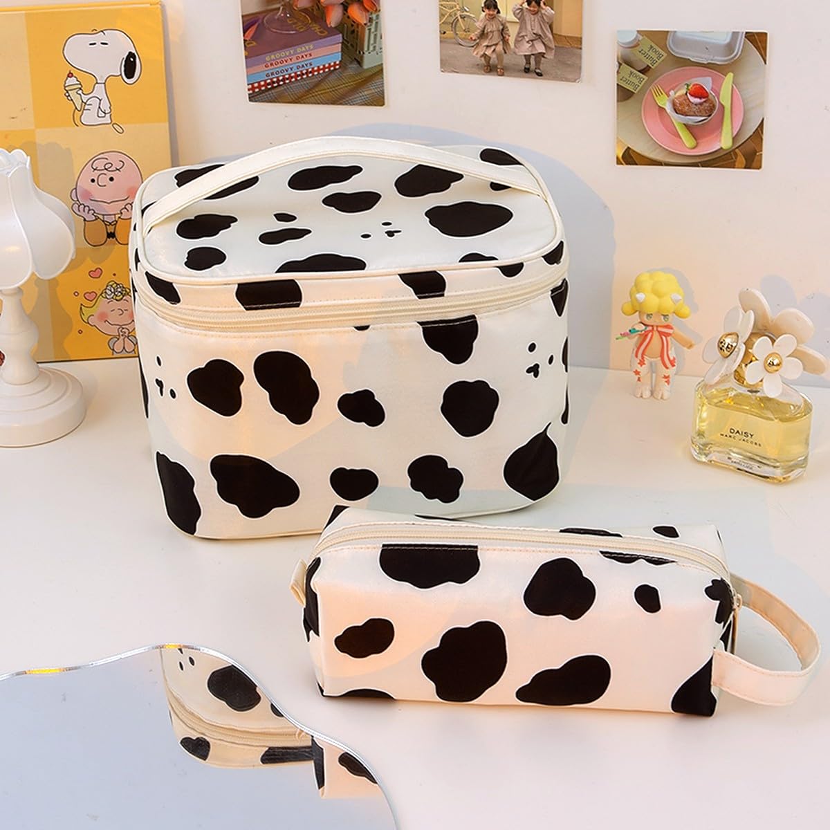 Wolpin PU Cow Print Makeup Bag - Large Waterproof Cosmetic Organizer with Brush Holder, Travel Toiletry Case (21.5 x 16.5 x 12 cm) - Perfect for Travel, Home Storage & Daily Makeup Organization