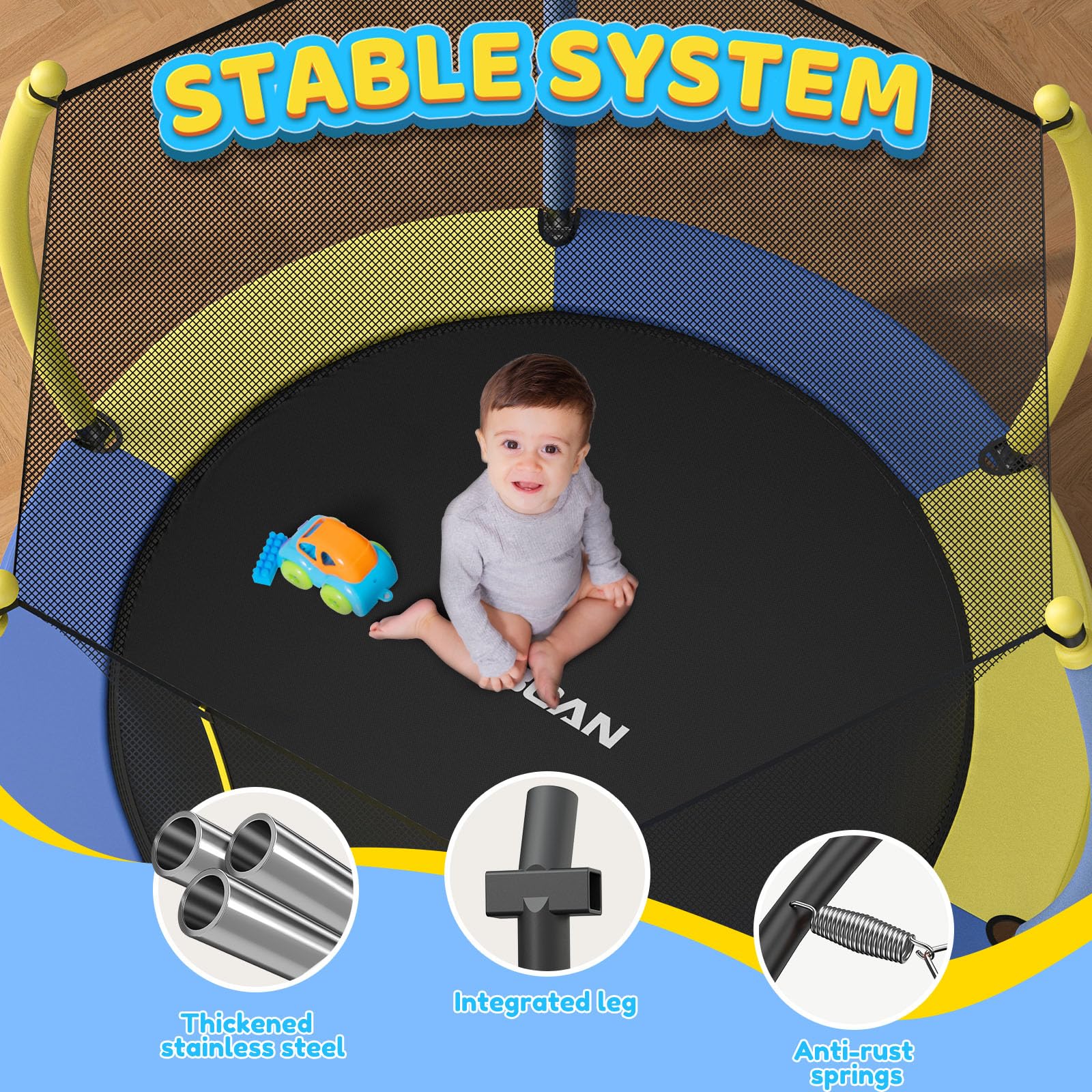 BCAN 5FT Kids Trampoline with Safety Enclosure Net - Adjustable Gymnastics Bars & Basketball Hoop for Ages 1-8 | Indoor/Outdoor Mini Trampoline with Foam Handle | Perfect Birthday Gift for Toddlers Boys & Girls | Backyard Play, Exercise & Family Fun Activity