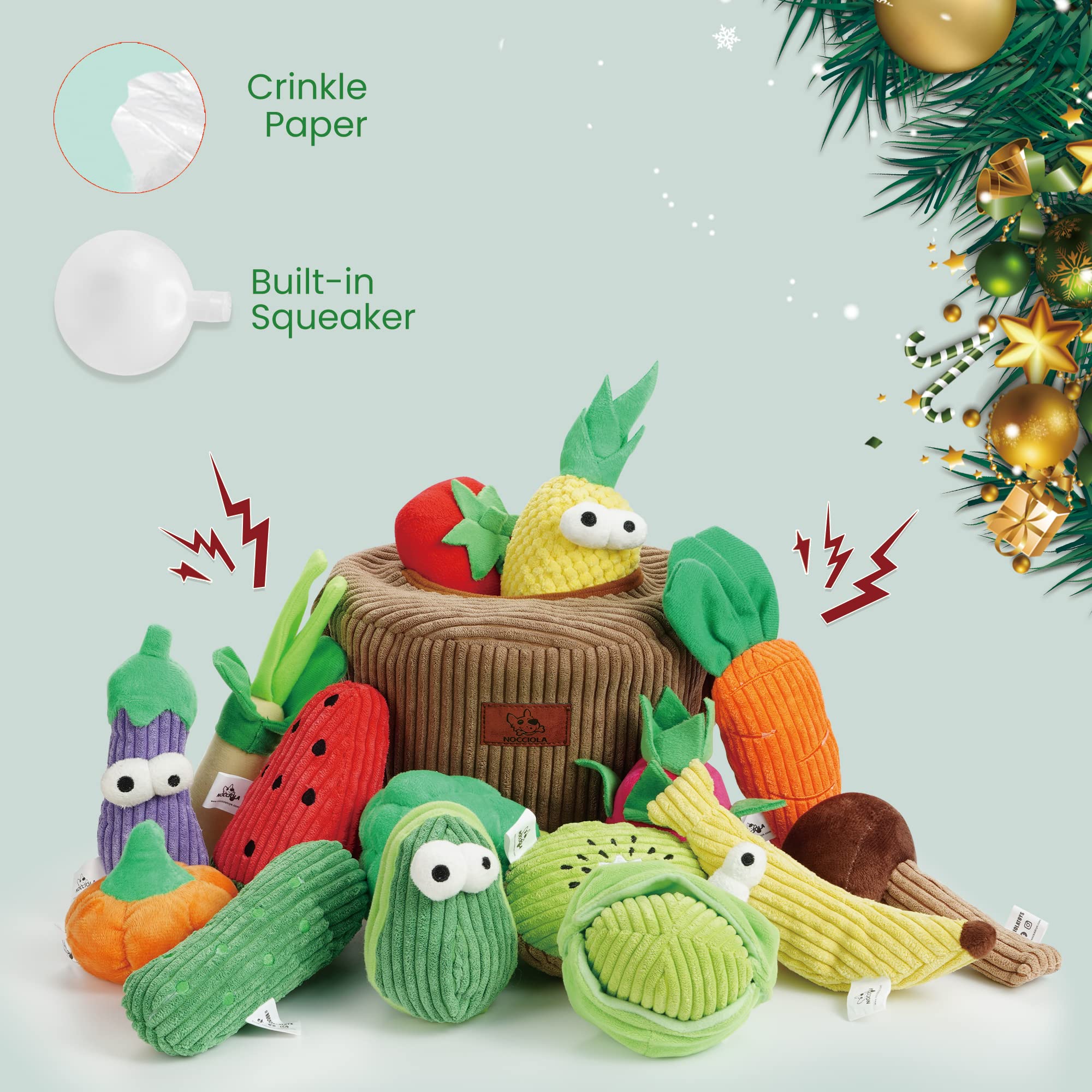 Nocciola Small Dog Toys - 15 Pack Durable Squeaky Plush Toys for Puppies & Medium Dogs, Grocery Bag Fruits & Veggies Chew Toys for Aggressive Chewers, Interactive Cognitive Toys to Relieve Boredom - Perfect for Indoor Play, Training & Keeping Dogs Entertained