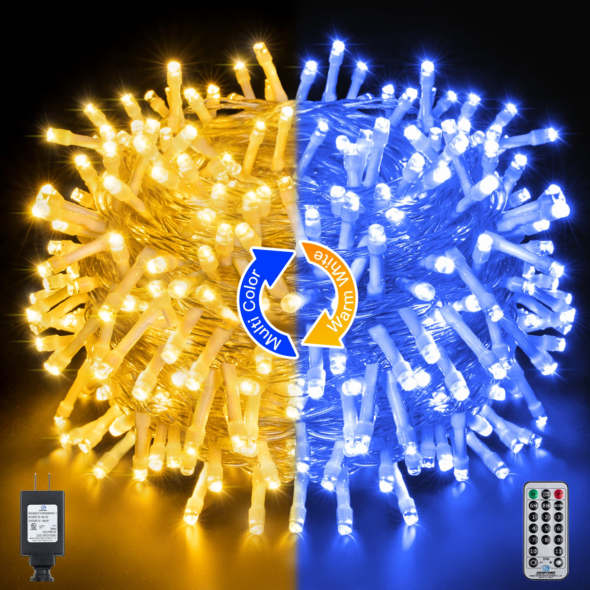 Ollny Christmas Lights String Lights - 200LED/66FT Indoor Outdoor Waterproof LED Lights, Blue to Warm White Color Changing with Remote Timer & 11 Lighting Modes - Perfect for Bedroom, Patio, Eave, Roof, House Holidays Decorations, Christmas, Halloween, Parties & Wedding Events