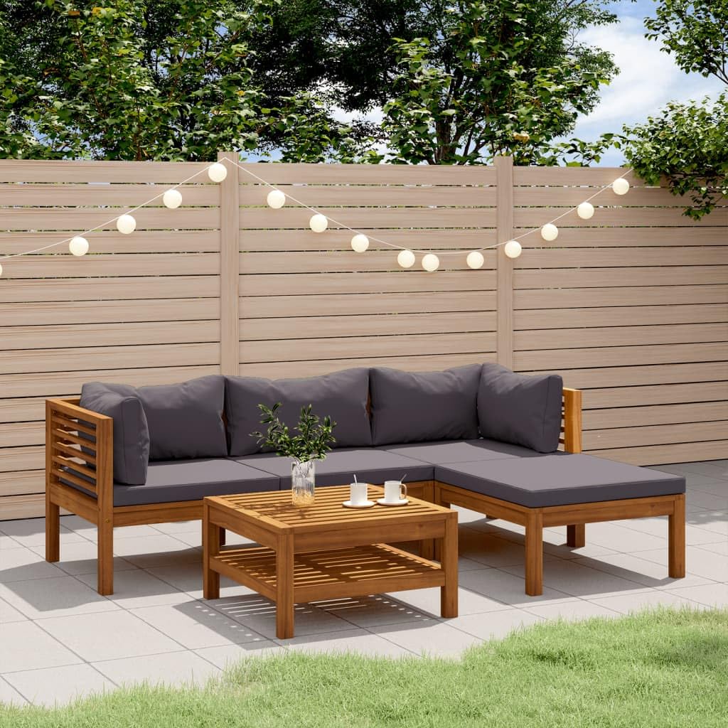 vidaXL 5-Piece Patio Lounge Set - Outdoor Garden Furniture, Sectional Sofa with Cushions, Corner Sofa in Retro Style (Solid Acacia Wood) - Perfect for Backyard, Poolside & Patio Relaxation