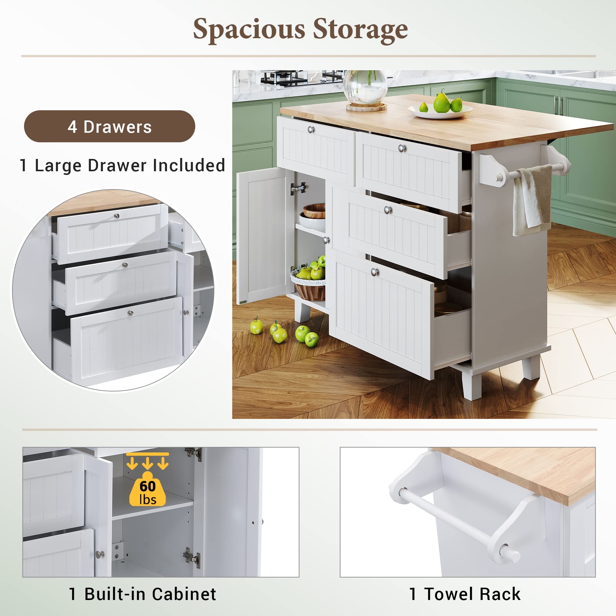 Bellemave 3-Piece White Kitchen Island Set with 2 Stools, Drop Leaf, Storage Cabinet, Drawers & Towel Rack - Perfect for Small Kitchens, Breakfast Nooks & Dining Areas