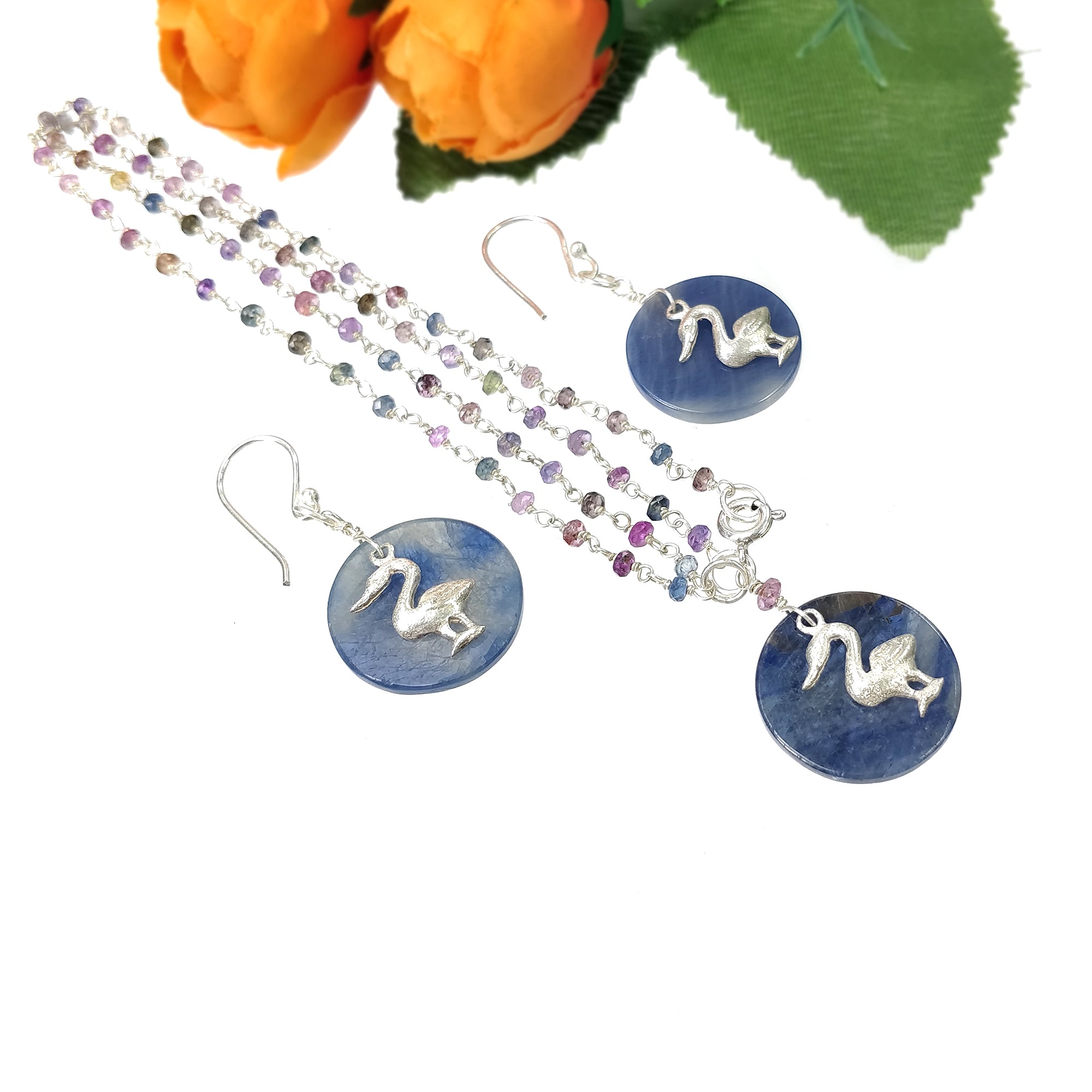925 Sterling Silver Blue Sapphire Jewelry Set - Natural Untreated 1.85ct Beaded Necklace & Dangle Earrings | Perfect for Weddings, Anniversaries & Special Occasions