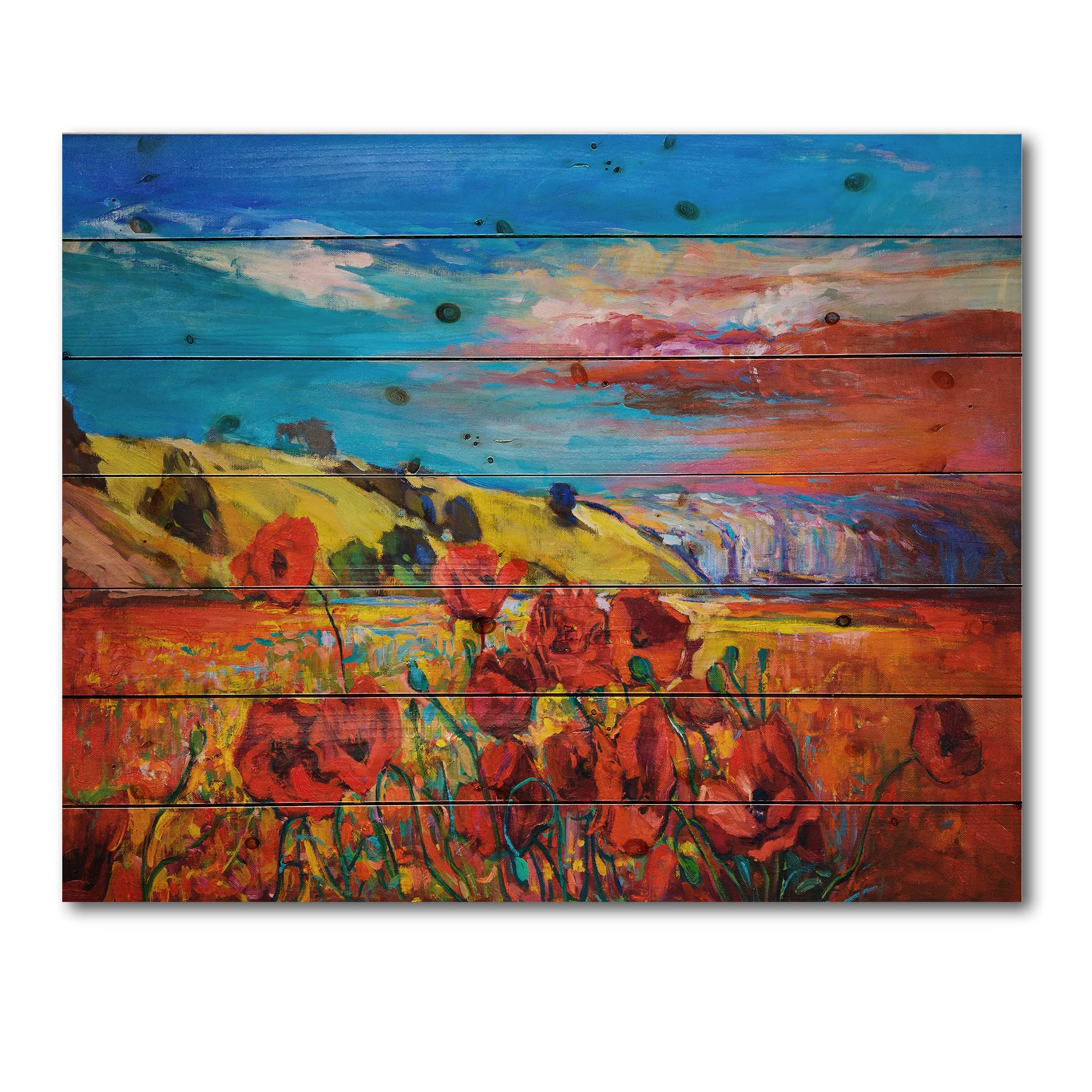 DesignQ Blossoming Red Poppy Fields Under Blue Sky - Traditional Wood Wall Art Decor - Large Floral Pine Wood Panel - Handcrafted Home & Office Wall Decor for Living Room, Bedroom, Dining Room