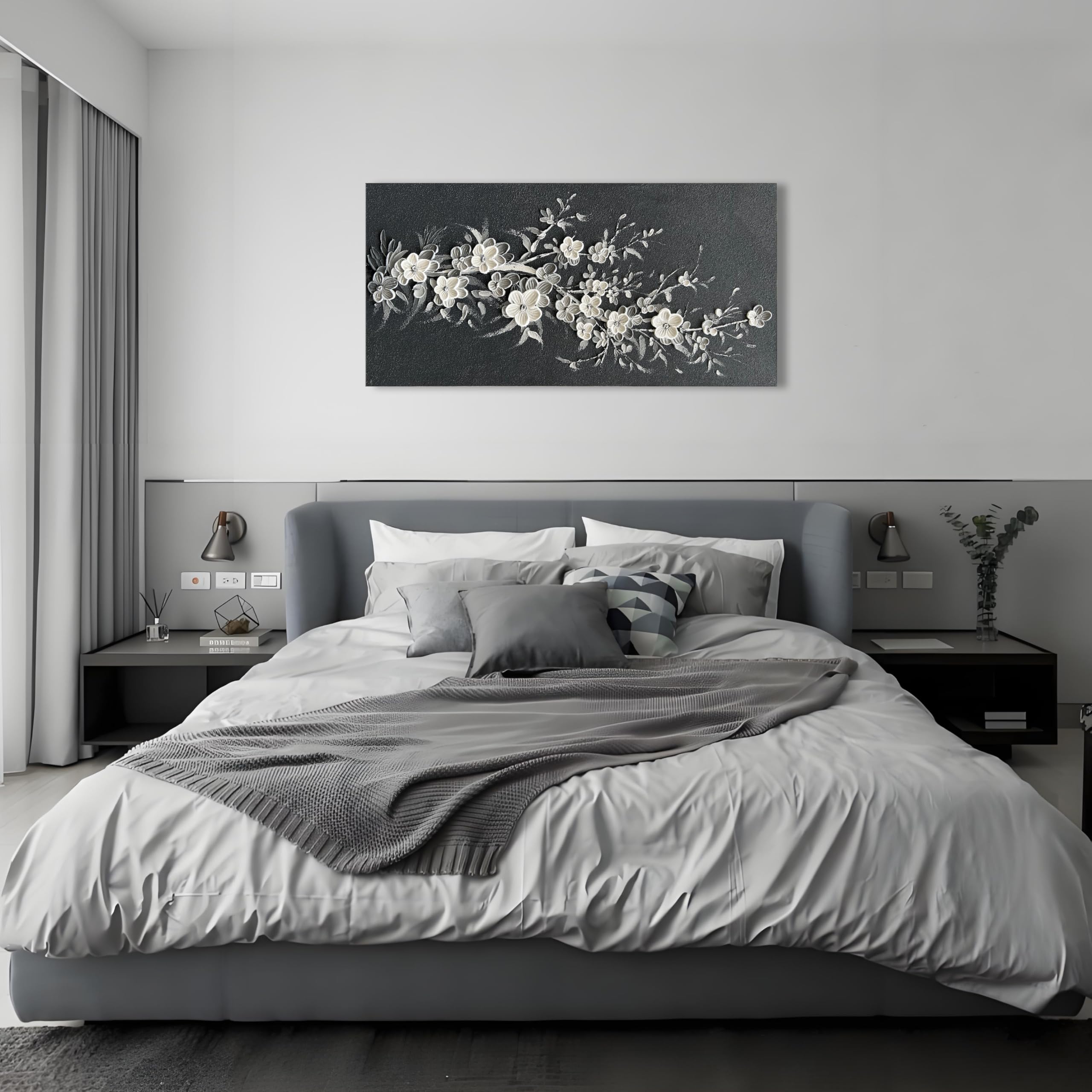 Hand Painted Modern Black and White Oil Painting - White Plum Blossom Wall Art - 24x48 Inch Canvas Home Decor for Living Room, Bedroom & Office