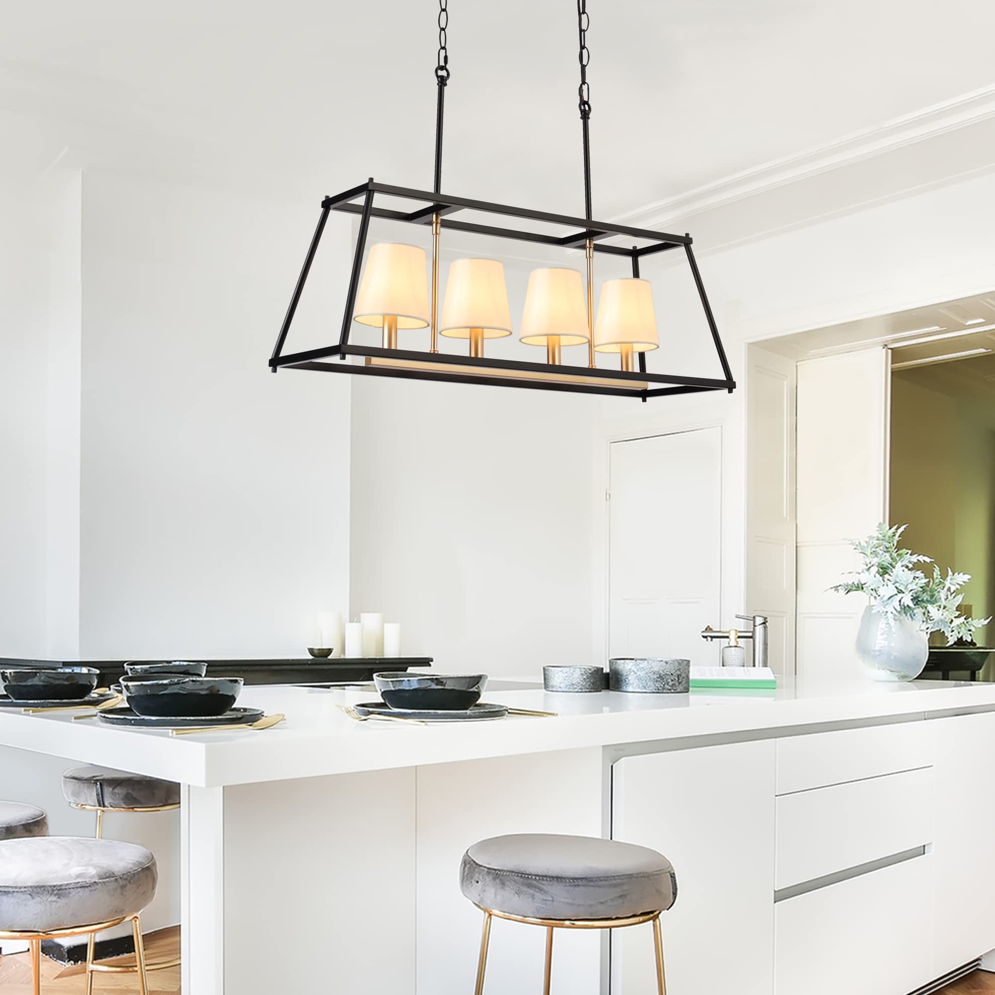 ZEVNI 4-Light Black Gold Chandelier - Modern Linear Dining Room Light Fixture with White Fabric Lampshades | Industrial Kitchen Island Lighting for Restaurants, Cafes & Home Decor