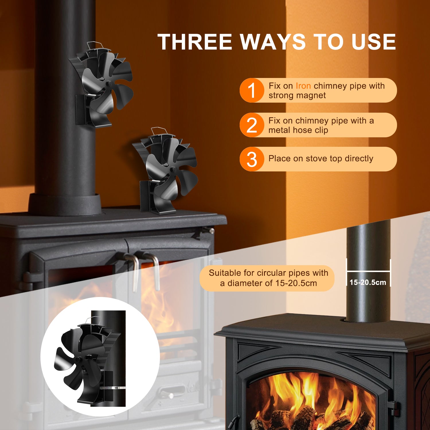 **VODA Magnetic 5-Blade Wood Stove Chimney Fan – 3-in-1 Adjustable Stove Fan for Efficient Heat Distribution | Perfect for Fireplace, Wood Stove & Pellet Stove Heating**