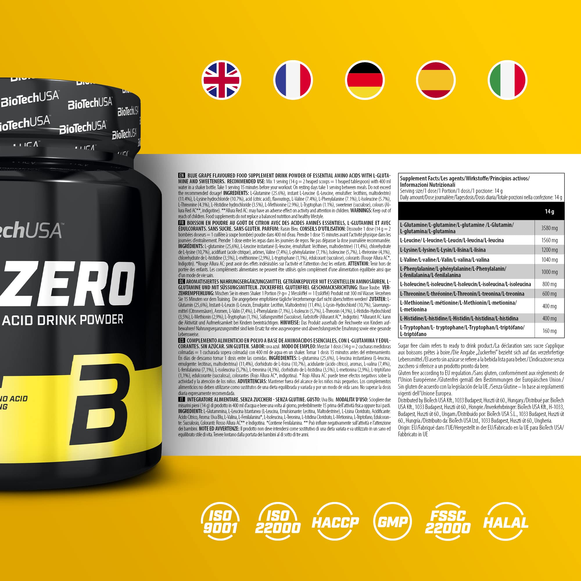 BioTechUSA EAA Zero - Blue Grape Flavor 350g | Essential Amino Acid Supplement for Athletes & Fitness Enthusiasts | Pre & Post Workout Recovery