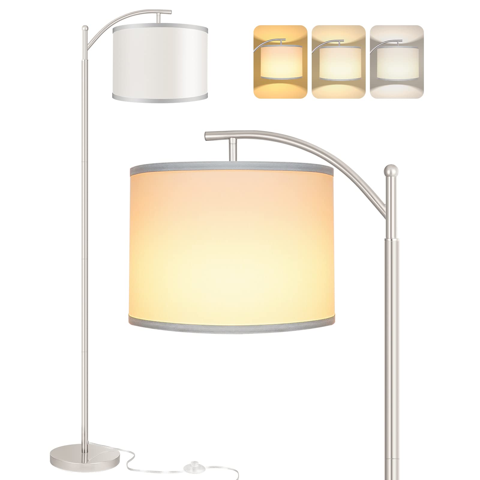 ROTTOGOON Modern LED Floor Lamp with White Shade, 9W Bulb Included - Silver Standing Light for Living Room & Bedroom - Perfect for Reading, Relaxing, and Ambient Lighting