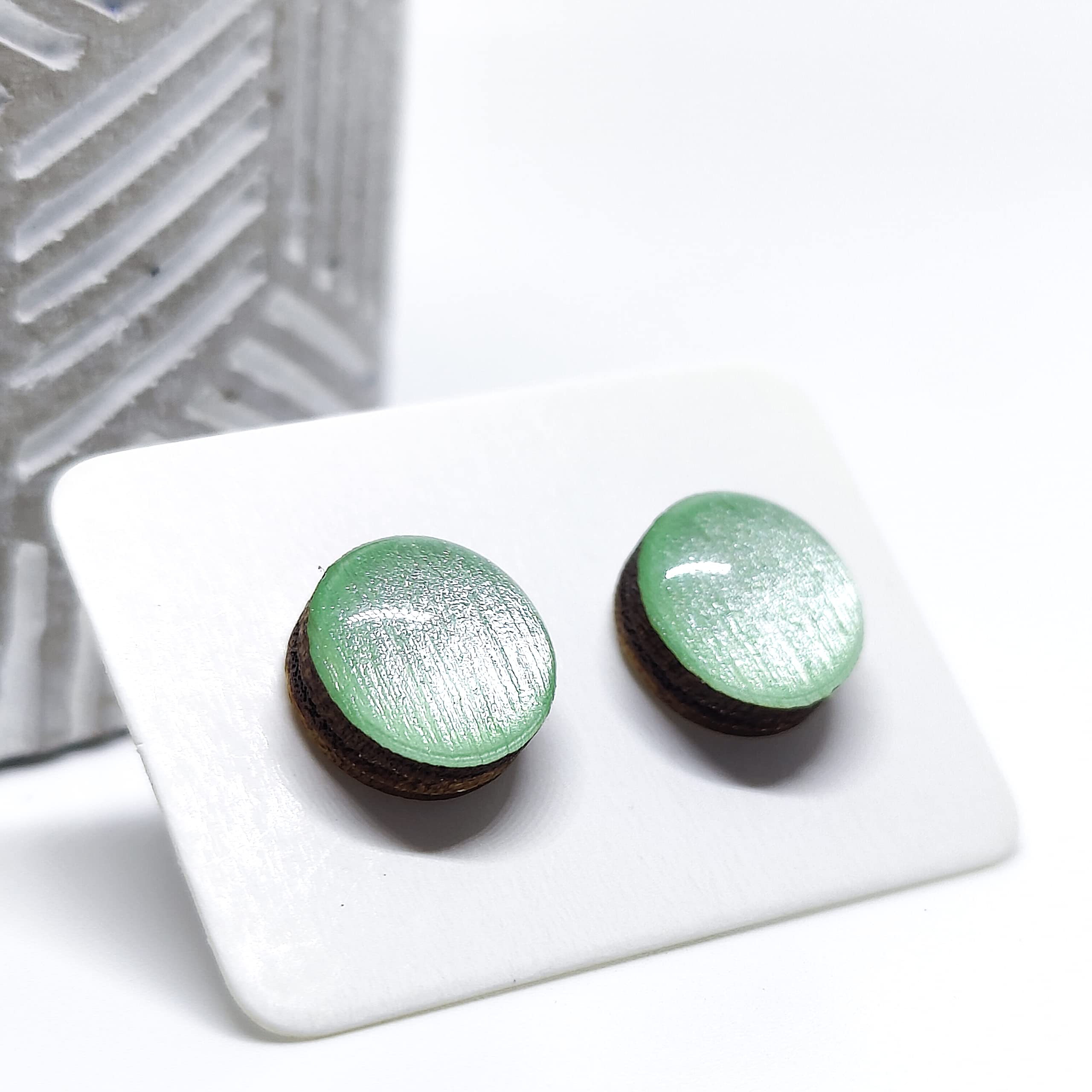 Handmade 10mm Shimmer Stud Earrings for Women & Men - Hypoallergenic Stainless Steel Posts for Sensitive Ears - Mint Green Shimmer Jewelry for Everyday Wear & Special Occasions