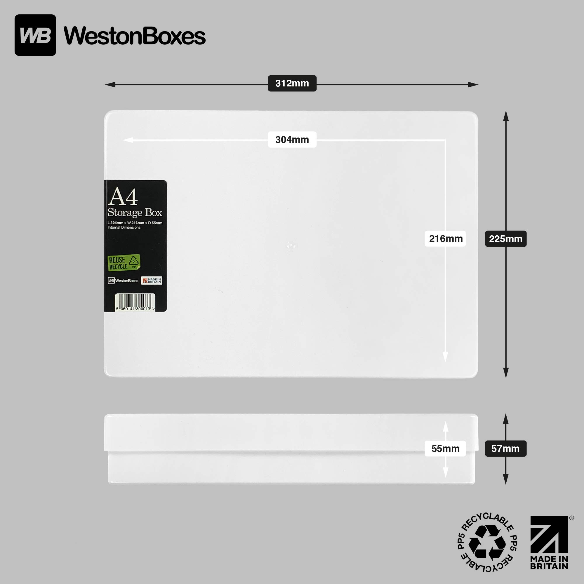 WestonBoxes A4 Opaque White Craft Storage Boxes with Lids - 3.6L Impact Resistant Organizer for Art Supplies, Paper, Cards | Pack of 5 | Perfect for Artists, Scrapbooking & Office Organization