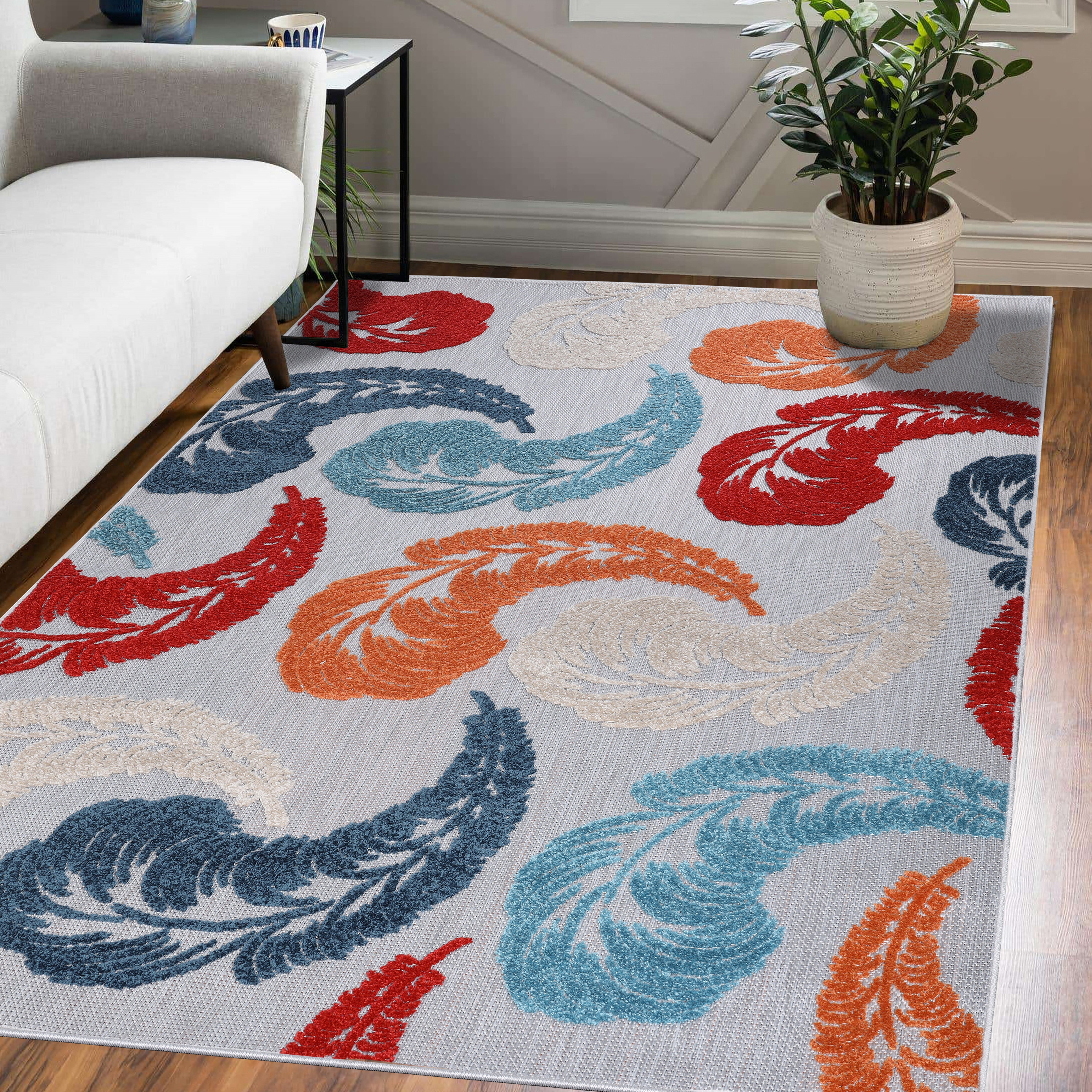 Feather Modern Bohemian Indoor Outdoor Area Rug - Soft & Stylish for Living Room, Bedroom, Patio Decor