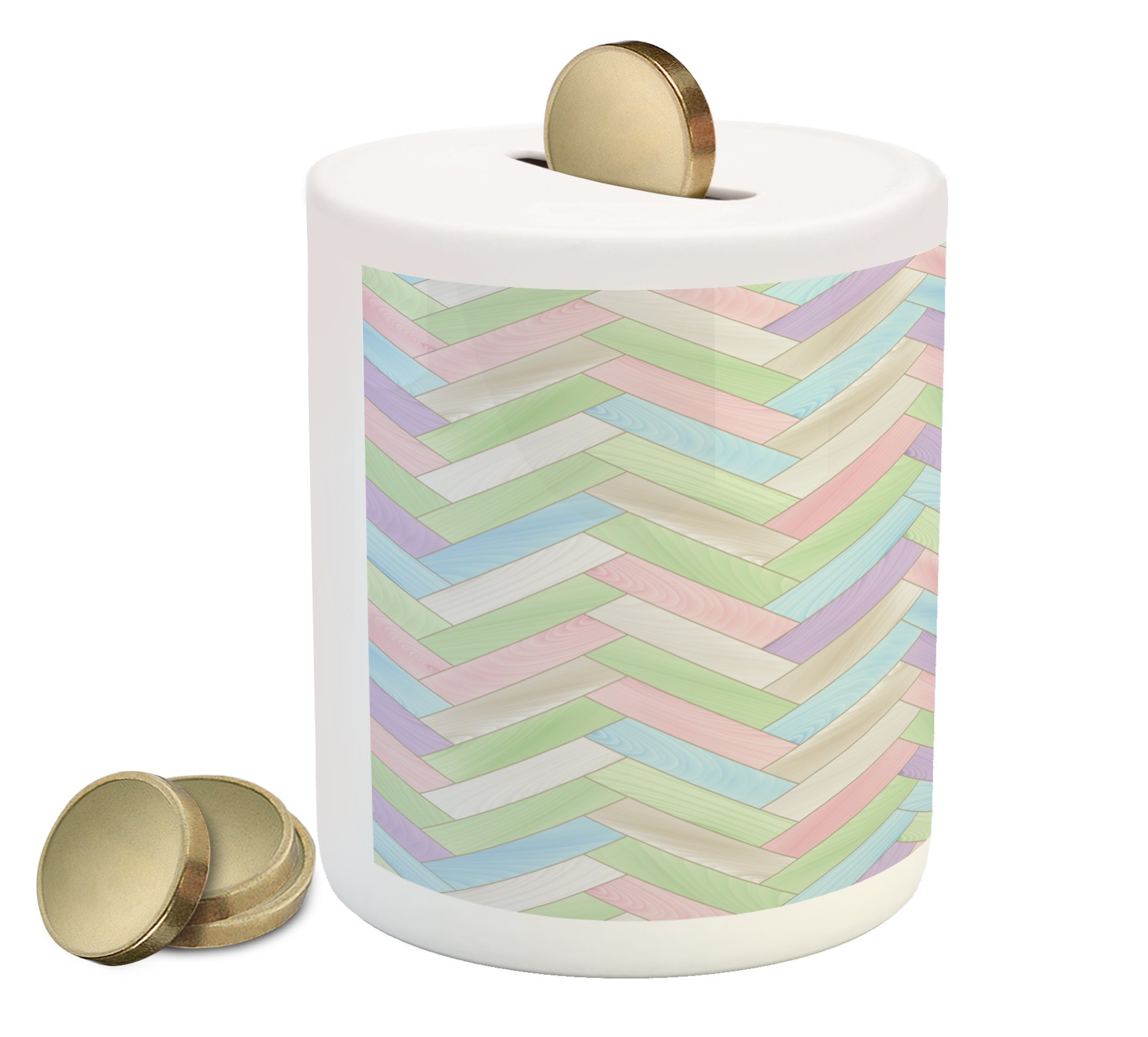 Ambesonne Pastel Piggy Bank - Ceramic Coin Bank with Realistic Wooden Herringbone Floor Print, Soft Multicolor Design for Cash Saving | Perfect Gift for Kids, Home Decor, and Country Style Interiors