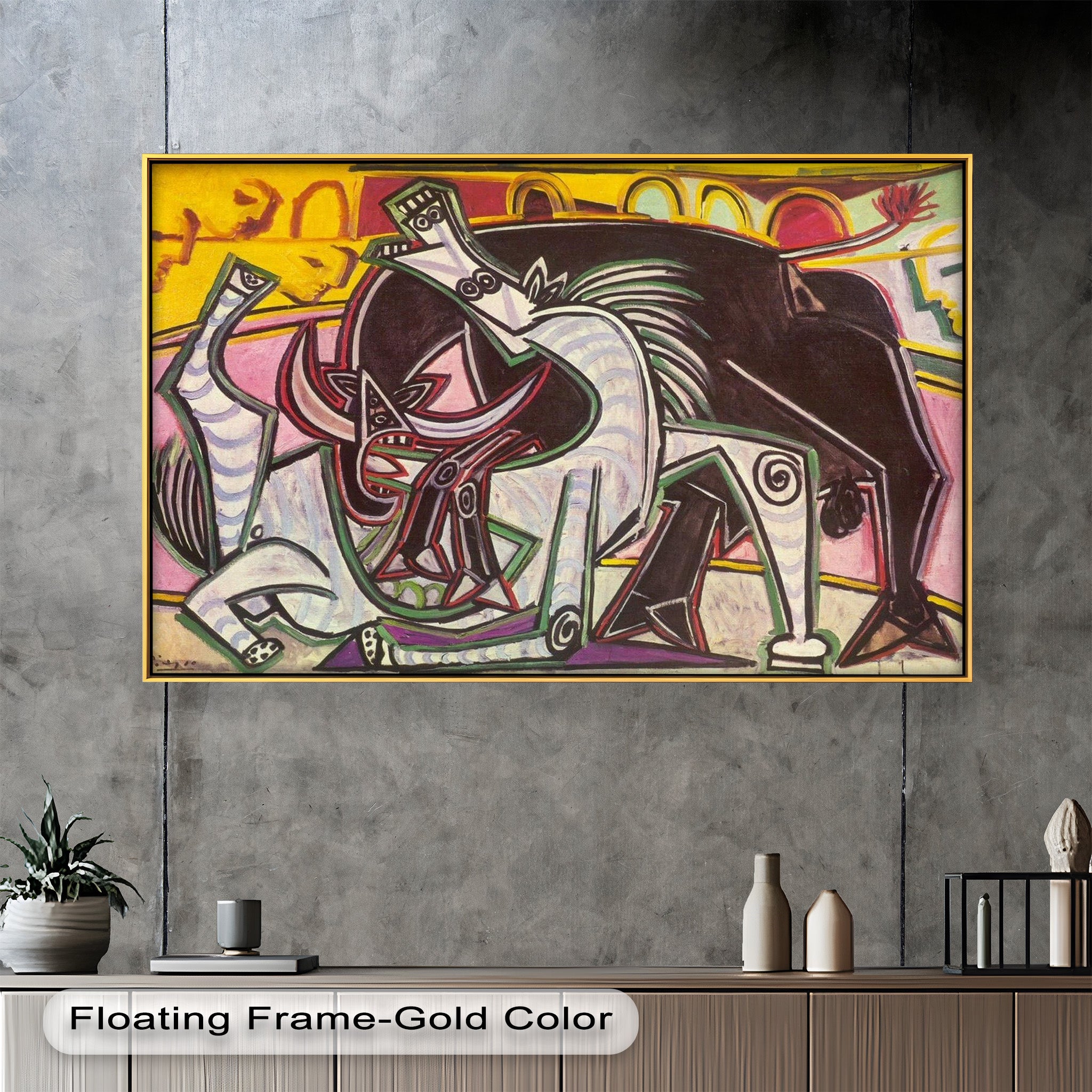 Abstract Bullfight Scene Wall Art - Modern Cubist Oil Painting for Living Room, Office & Gallery Decor