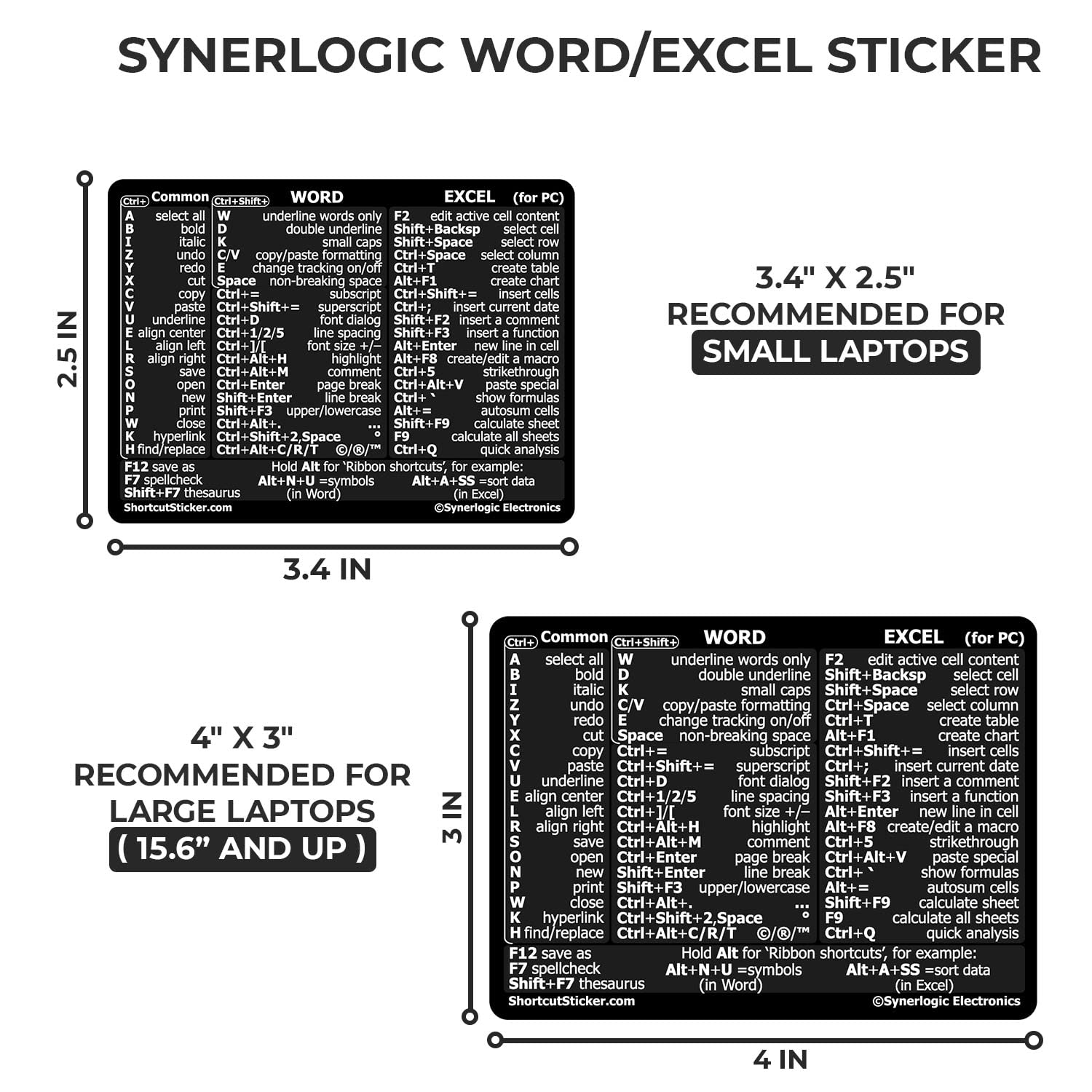 SYNERLOGIC Microsoft Word/Excel Keyboard Shortcut Sticker - Laminated, No-Residue Vinyl (Black/Large) for Enhanced Productivity in Office & Home Use