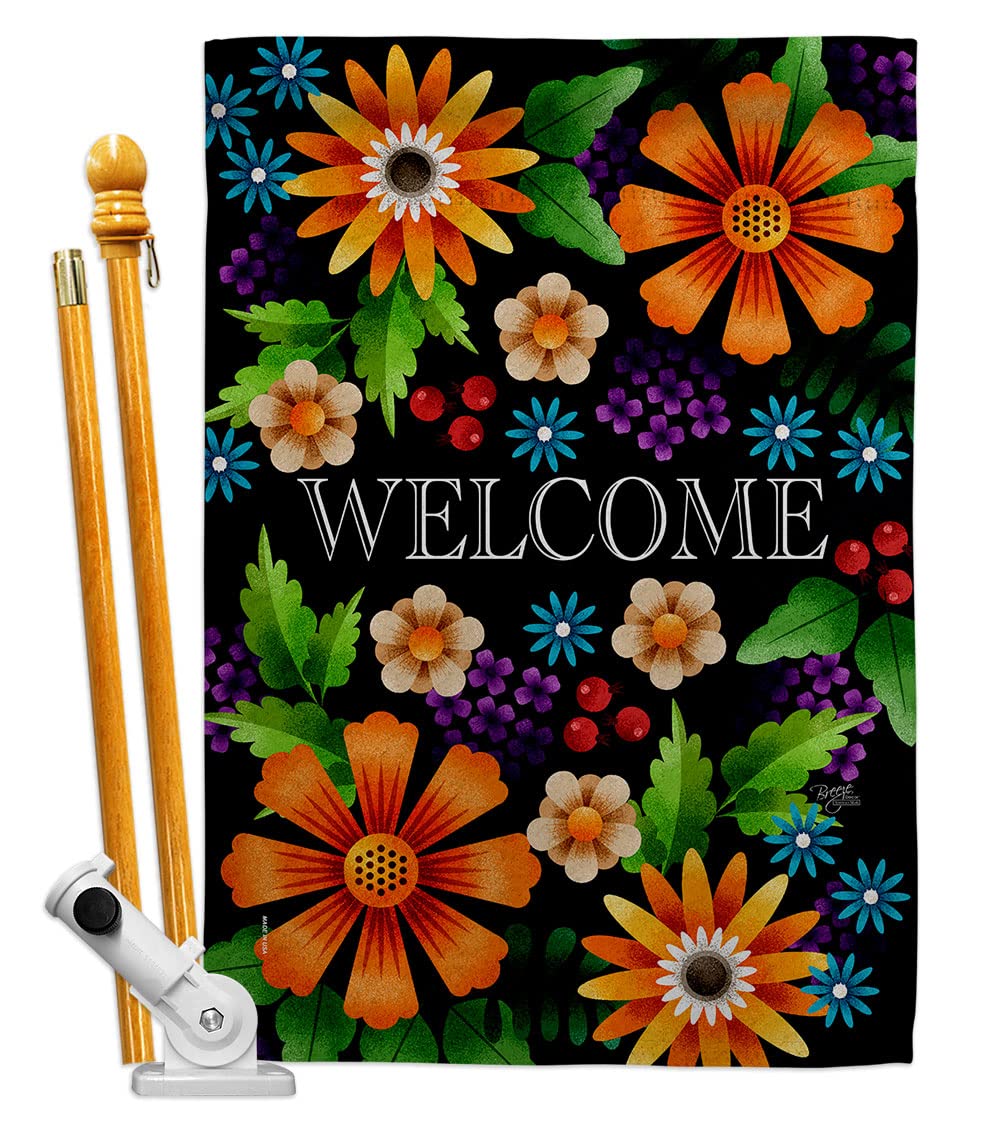 Vintage Rustic Floral Welcome House Flag Set - Double-Sided Outdoor Garden Yard Decoration, Made in USA | Perfect for Front Porch, Spring Decor & Farmhouse Style Home