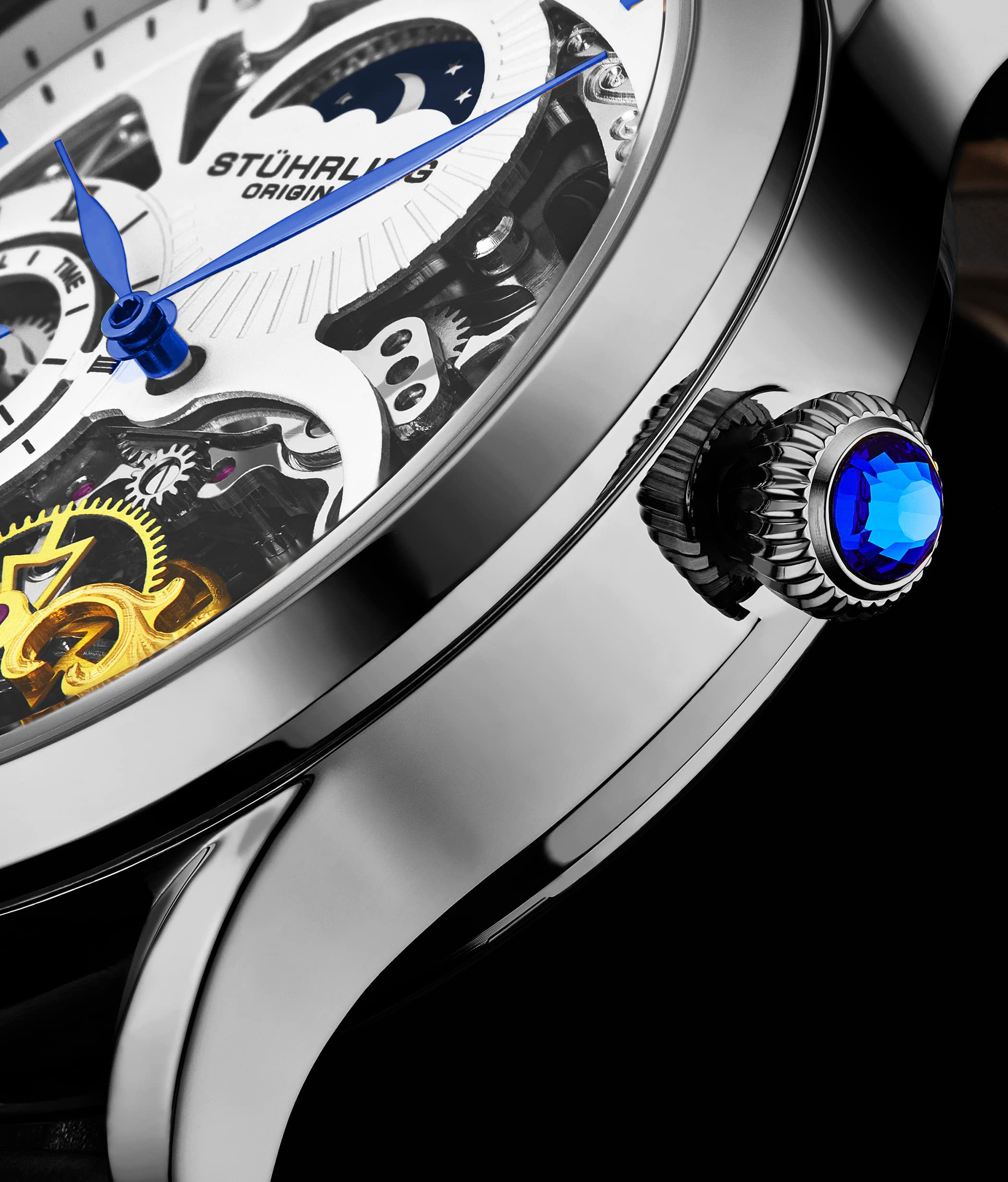 Stuhrling Original Men's Automatic Skeleton Watch with Dual Time, AM/PM Sun Moon Display & Genuine Leather Band - Luxury Dress Watch for Business, Formal Occasions & Everyday Wear