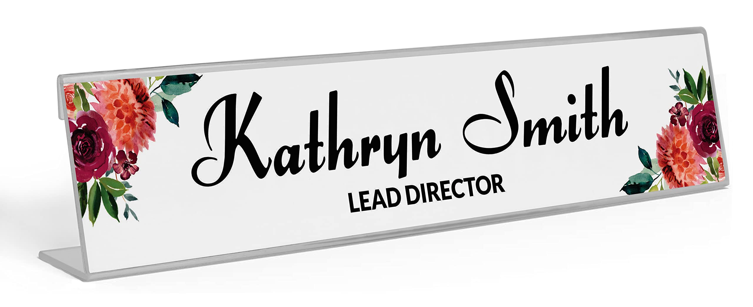 Personalized Acrylic Desk Name Plate - Custom Floral Office Name Sign (2x8 Inches) | Perfect for Workstations, Reception Desks & Home Office Decor