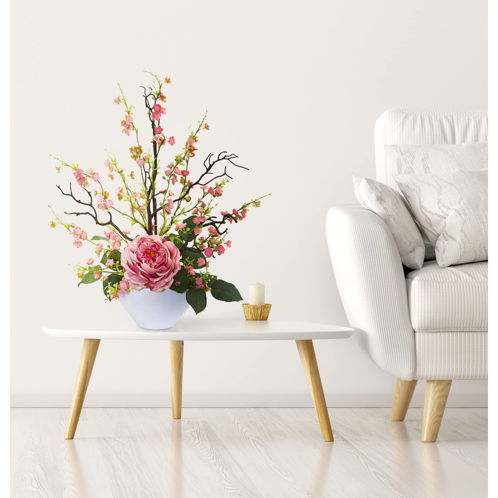 Nearly Natural Pink Rose & Cherry Blossom Silk Flower Arrangement - Artificial Floral Centerpiece for Home Decor, Wedding, Office & Tabletop Display