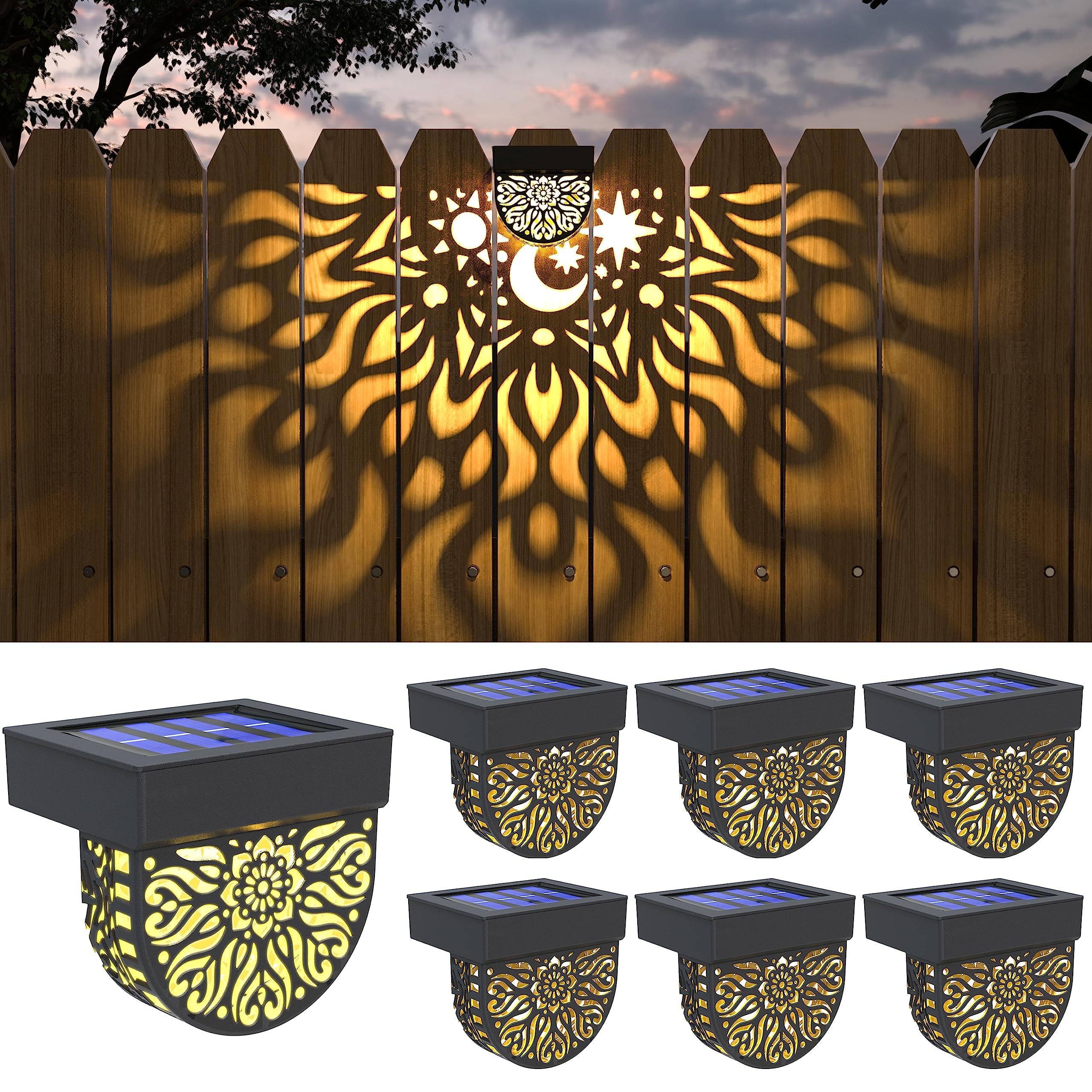 6 Pack Solar Fence Lights - Waterproof LED Solar Deck Lights for Outdoor Step & Wall Lighting | Warm Yellow Solar Lanterns for Garden, Backyard, Pathway & Patio Decor (Black) - Weatherproof Landscape Lighting Solution