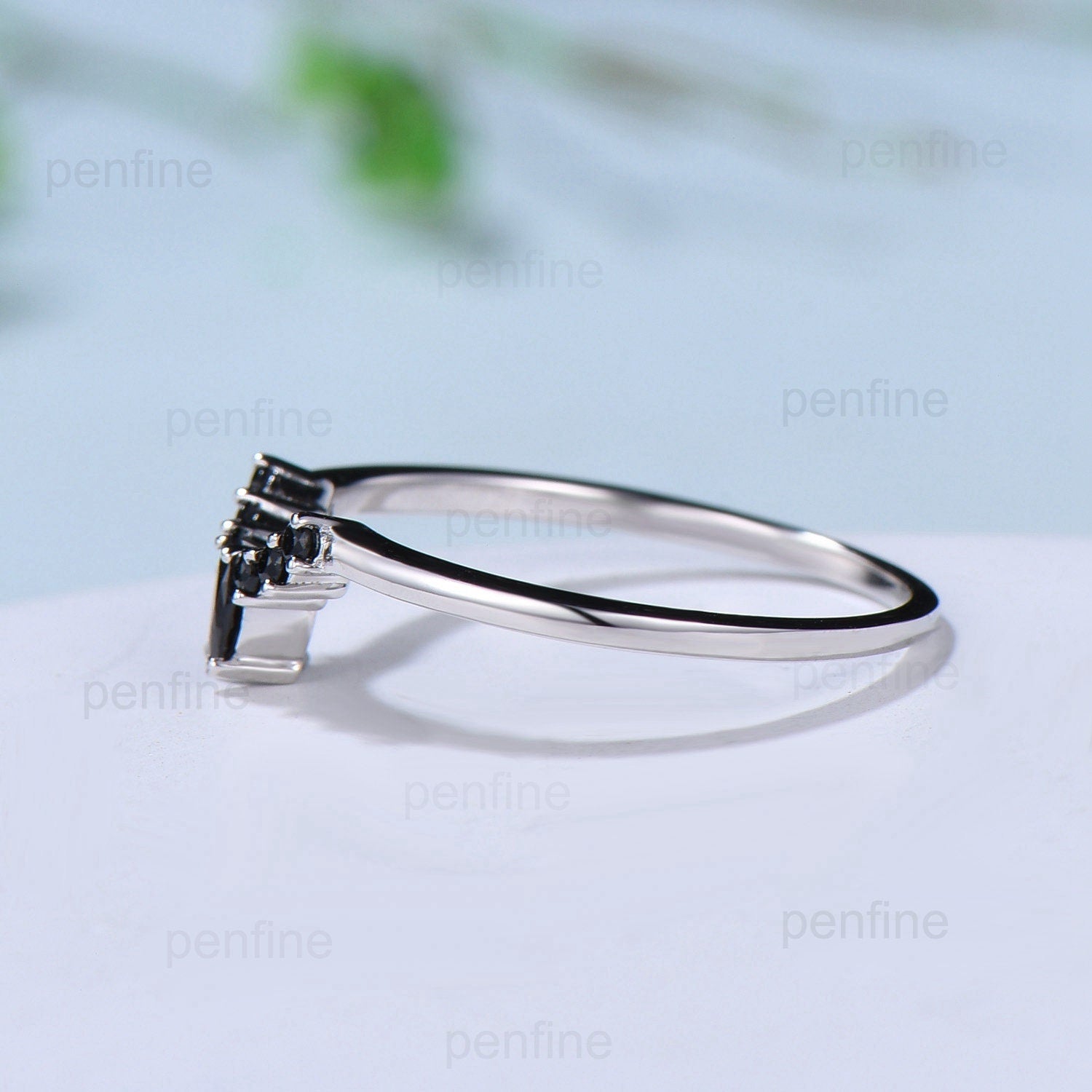 Black Diamond Wedding Ring - Silver & White Gold Curved Marquise Black Spinel Matching Band, Art Deco Stackable Ring for Women | Perfect for Engagement, Promise Rings, Anniversary Gifts & Bridal Jewelry Sets