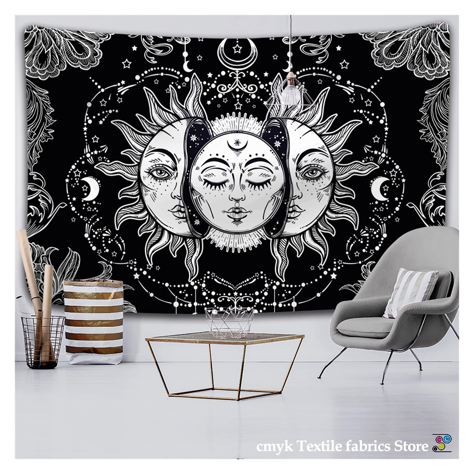 Celestial Mandala Tapestry Wall Hanging - White & Black Sun Moon Design - 90x71 Inch Hippie Boho Dorm Decor - Perfect for Bedroom, Living Room, Yoga Studio Meditation Space