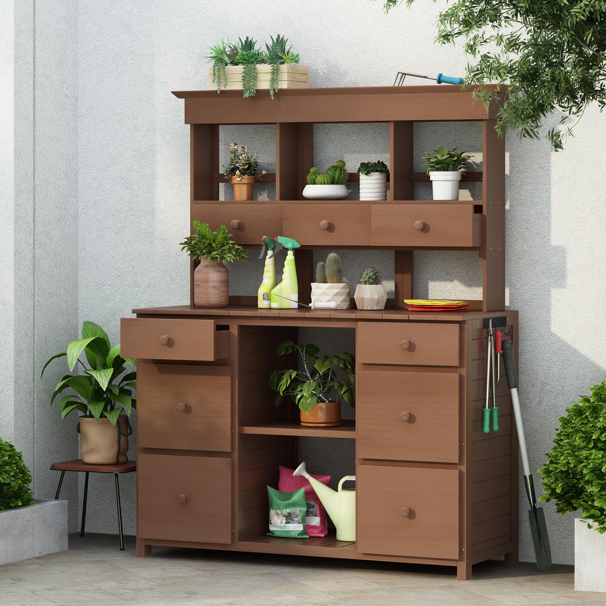 P PURLOVE Rustic Wood Potting Bench with Storage Drawers & Shelves - Outdoor Garden Work Table for Planting, Organizing Tools - Perfect for Backyard, Patio & Greenhouse Use