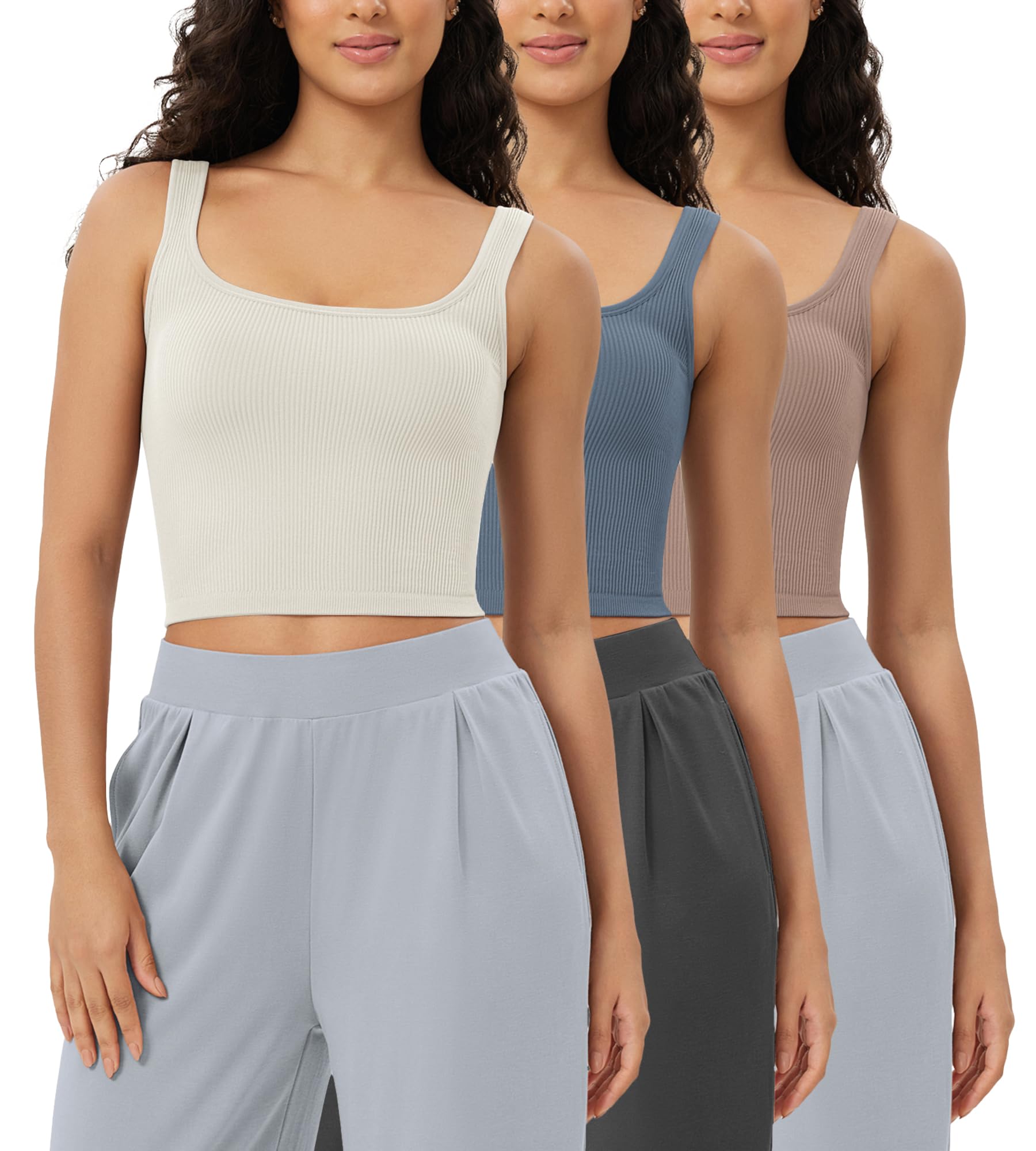 ODODOS 3-Pack Women's Seamless Square Neck Crop Tops - Ribbed Knit Soft Low Back Tank Tops for Yoga, Gym & Summer Outfits