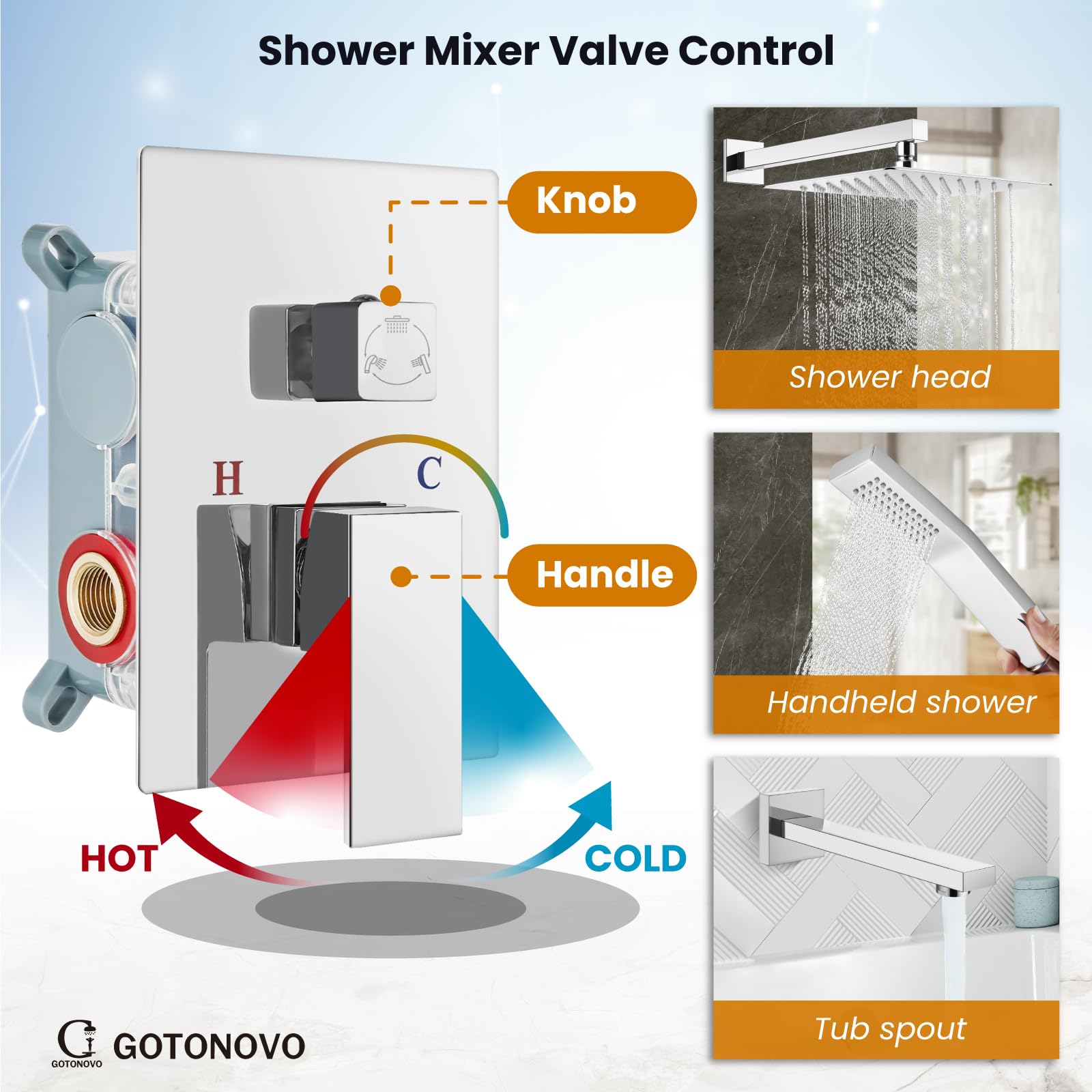 Gotonovo 3-Function Wall Mounted Shower System Set with Rainfall Shower Head, Handheld Spray & Tub Spout - 10 Inch Polish Chrome Shower Faucet Combo & Rough-in Valve Trim Kit for Bathroom Renovation & Spa Experience