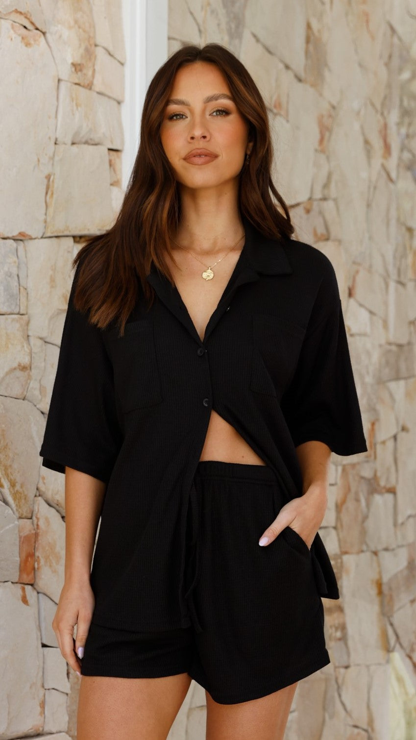 Machiko Black Waffle Knit Button Up Shirt and Shorts Set - Women's Casual Loungewear for Home & Outings
