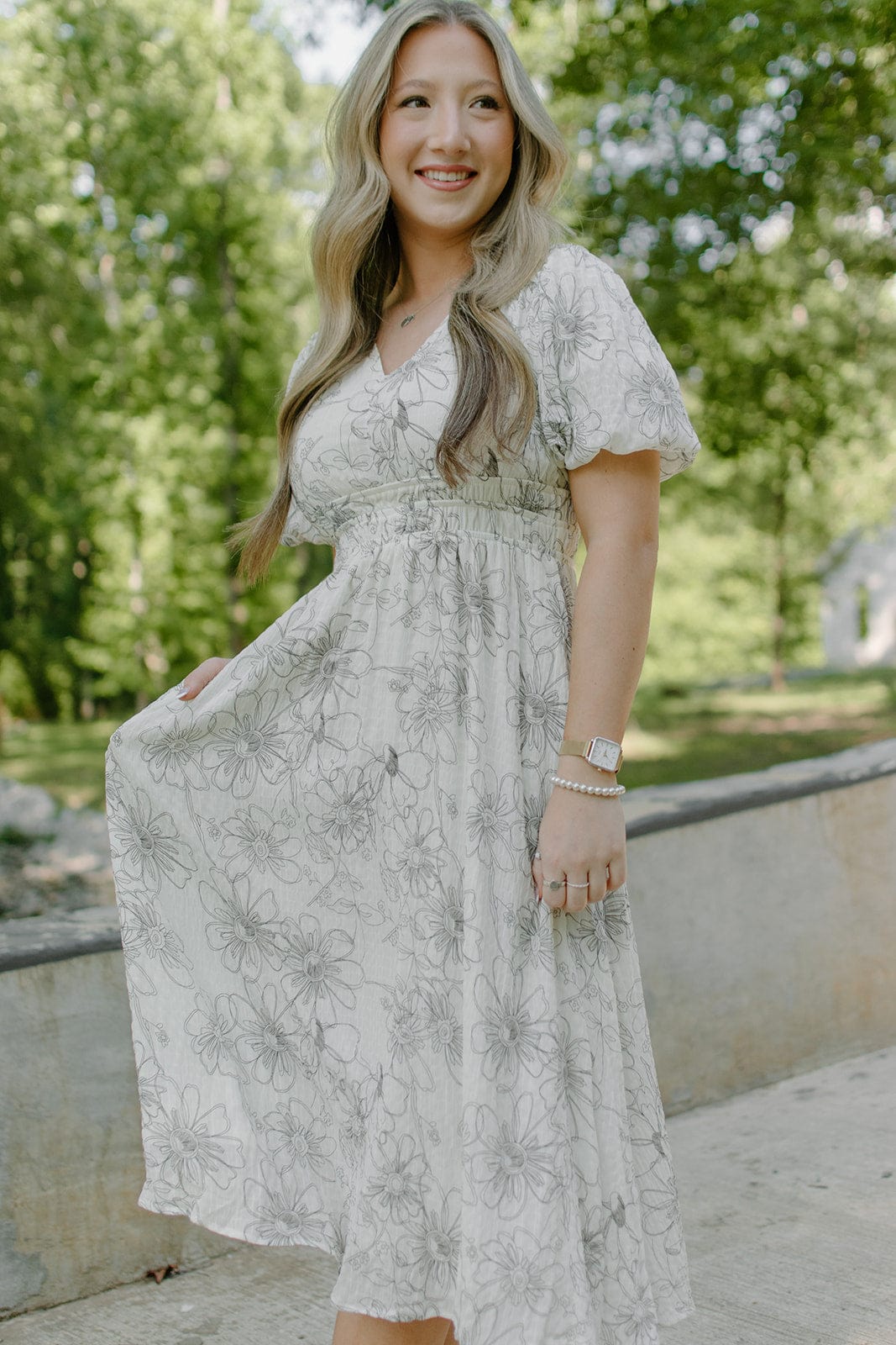 Elegant Ivory & Black Floral Print Midi Dress for Women | Summer Casual & Party Wear | Perfect for Weddings, Dates & Office Outfits